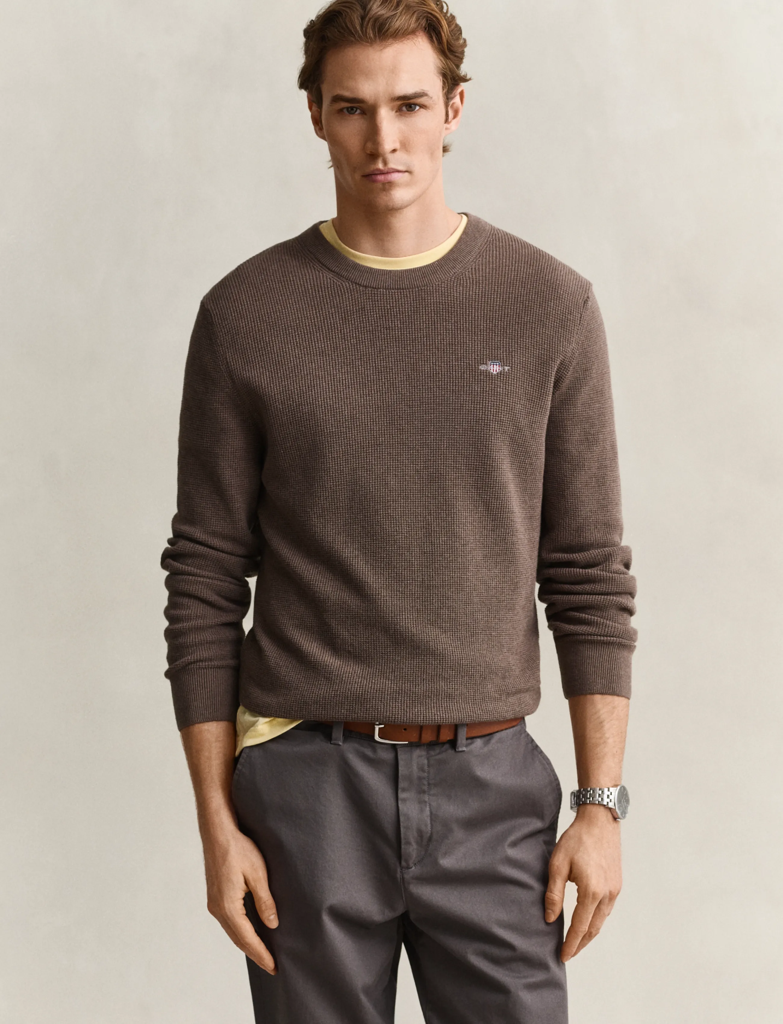 Gant Waffle Knit Sweater, Mænd, Vaffelstrikket Sweater, Brun, Str: XL