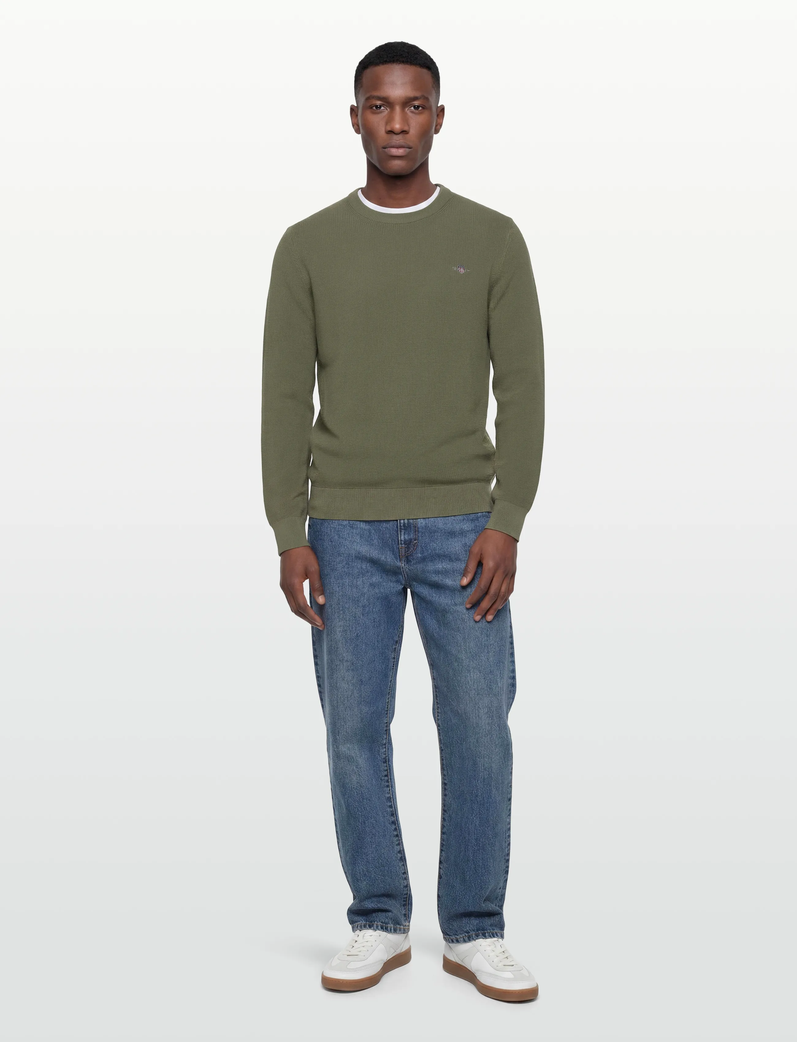Gant Waffle Knit Sweater, Mænd, Vaffelstrikket Sweater, Kakigrøn, Str: M