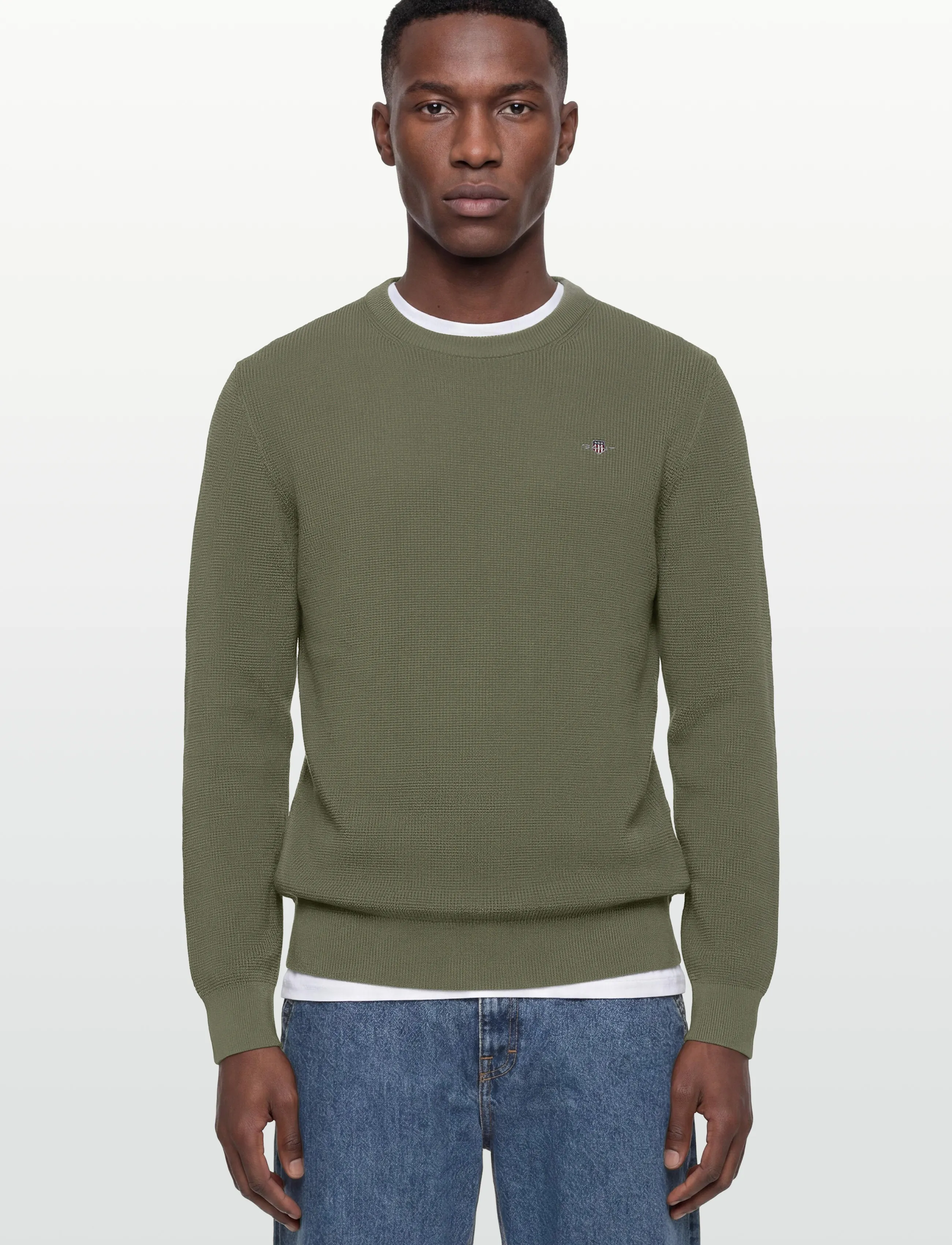 Gant - Waffle Knit Sweater - round necks - dry herb green - 3