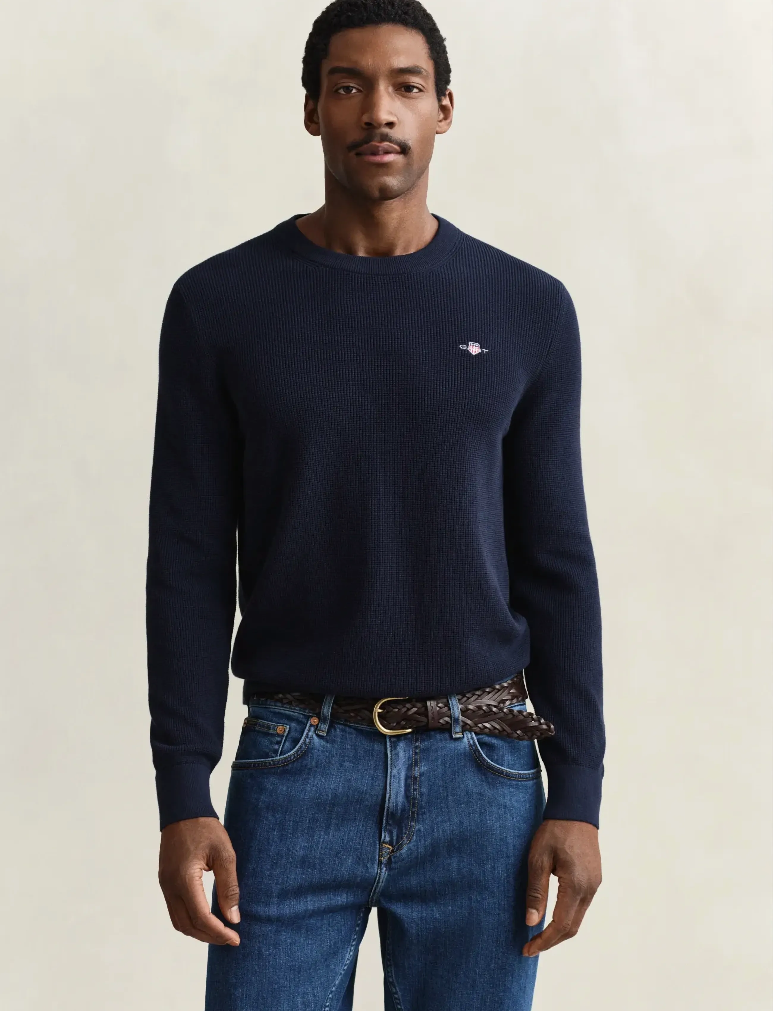 Gant Waffle Knit Sweater, Mænd, Vaffelstrikket Sweater, Navy, Str: L
