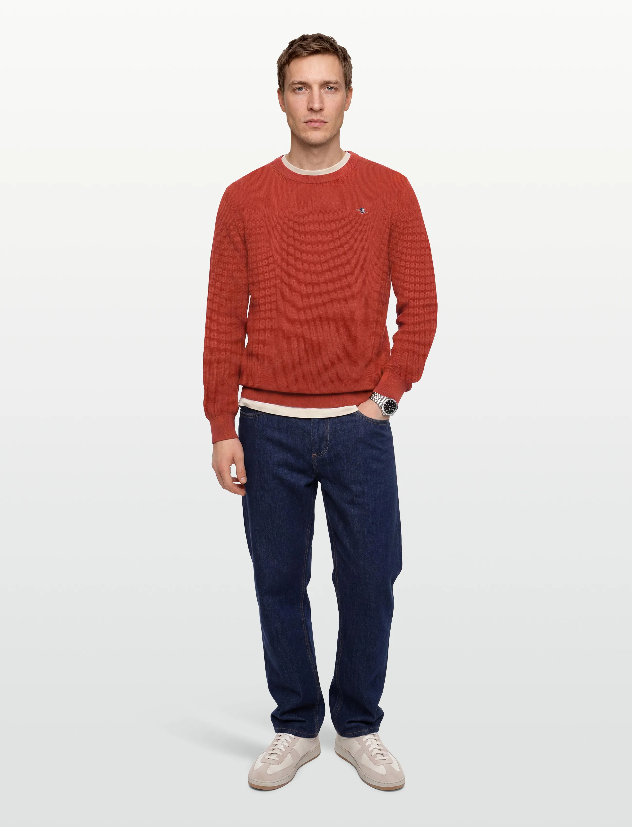 Gant Waffle Knit Sweater, Mænd, Vaffelstrikket Sweater, Orange, Str: XL