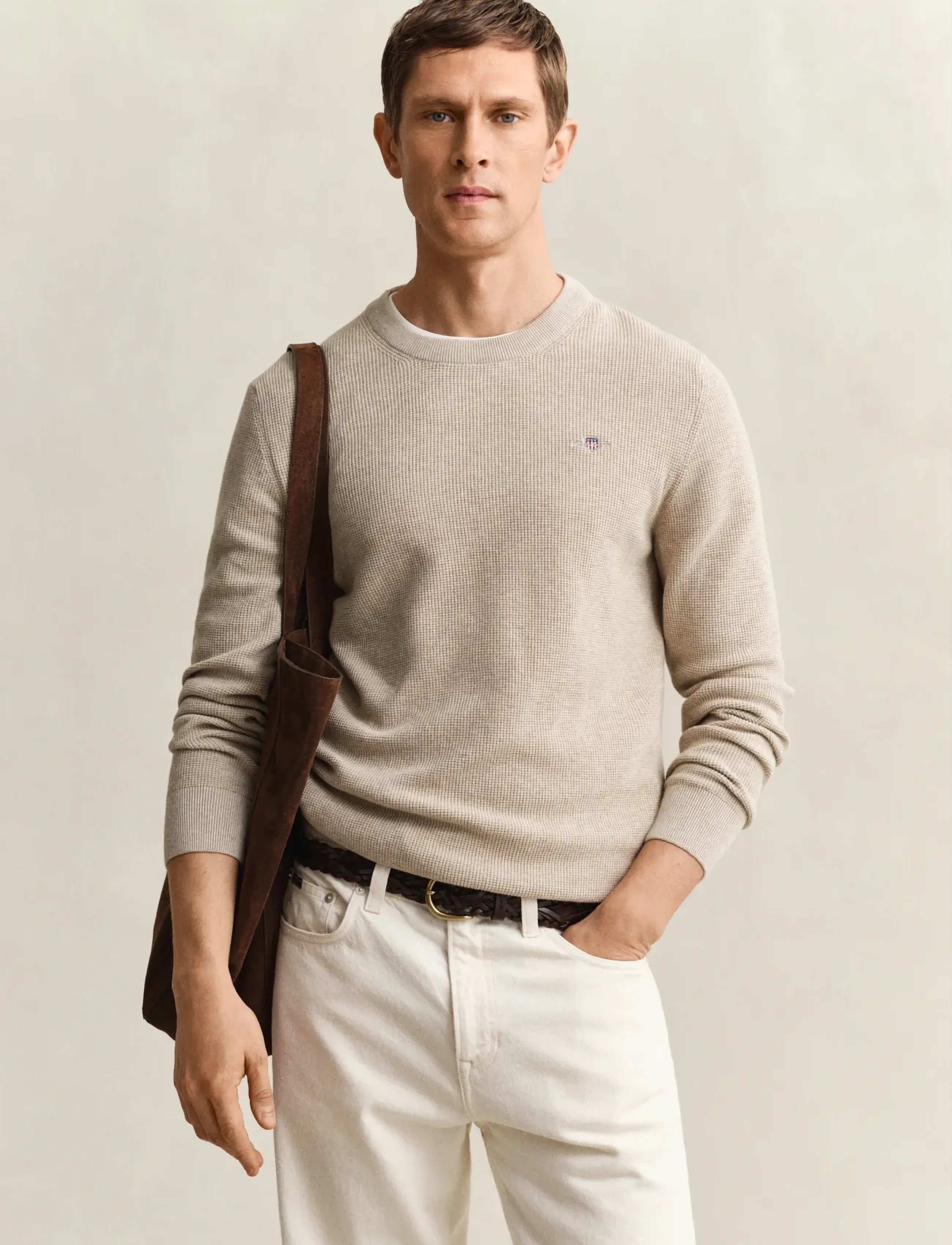 Gant Waffle Knit Sweater, Mænd, Vaffelstrikket Sweater, Beige, Str: XXL