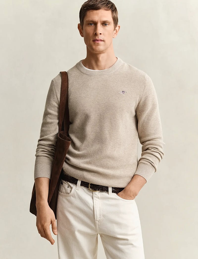 GANT - MICRO TEXTURED COTTON C-NECK - round necks - oat melange - 0