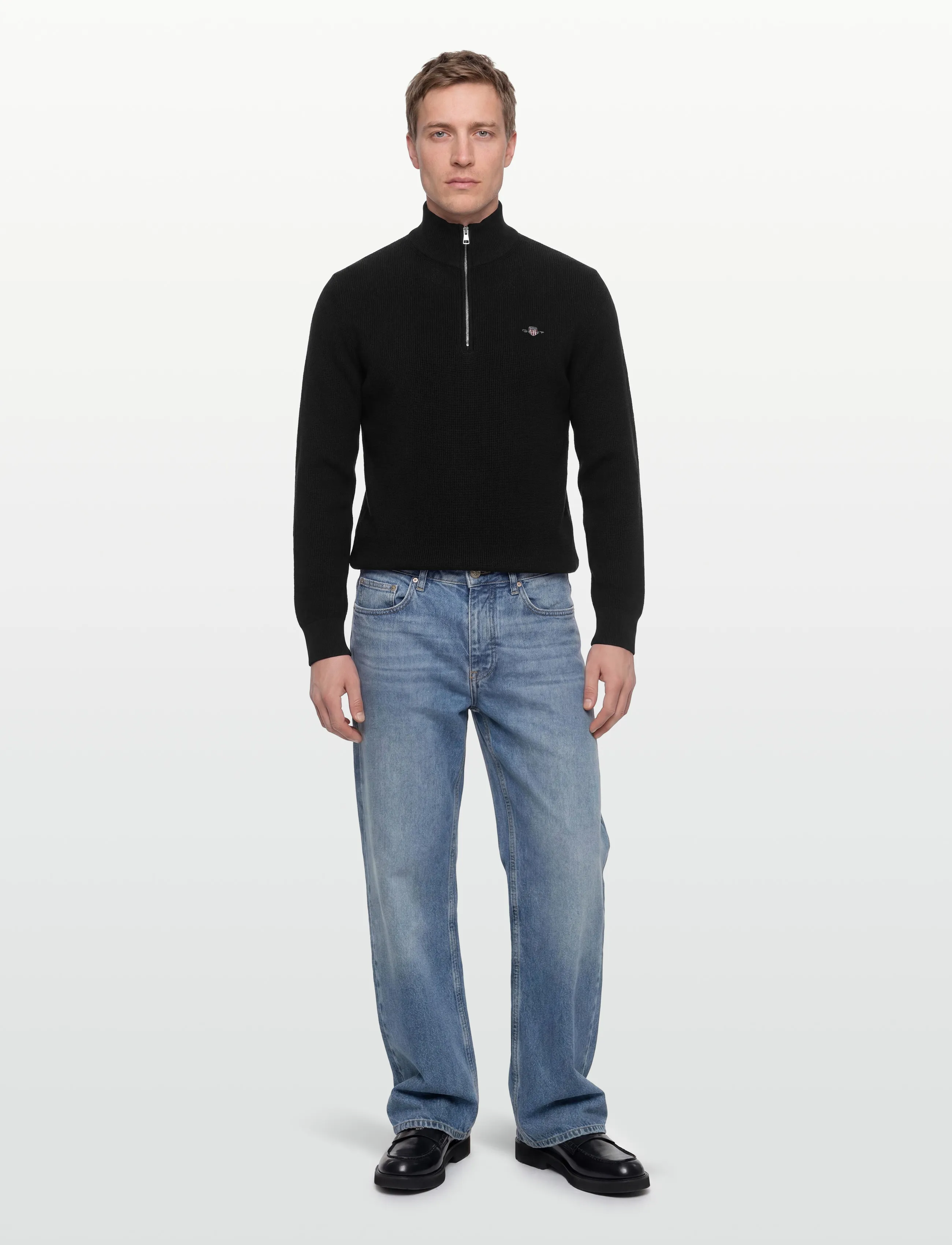Gant Waffle Knit Half-Zip Sweater, Mænd, Halv Lynlås Sweater, Sort, Str: L