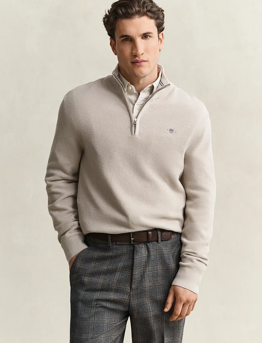 Gant - Waffle Knit Half-Zip Sweater - tõmblukk-kaelusega džemprid - clay beige - 0