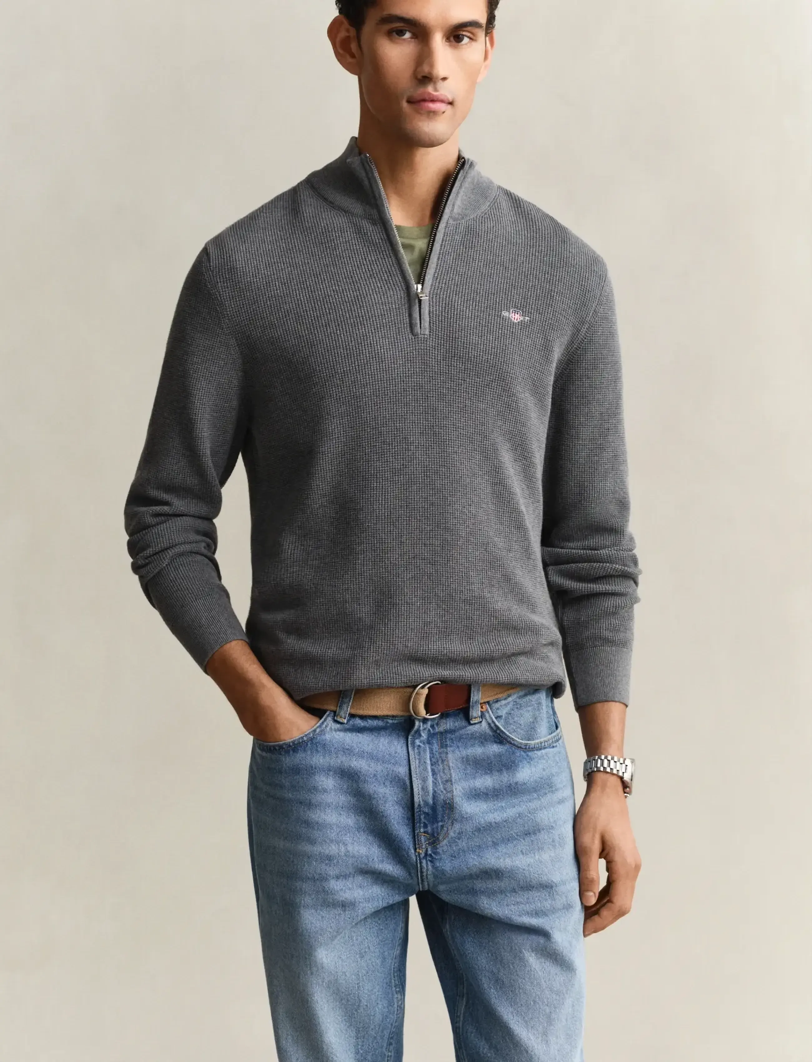 Gant - MICRO TEXTURED COTTON HALF ZIP - truien met halve rits - dark grey melange - 0
