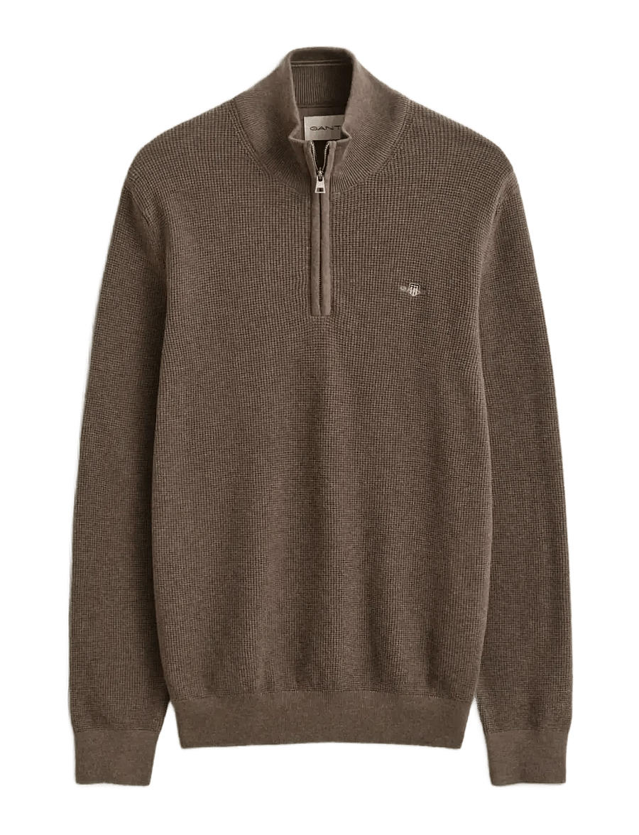 Gant - Waffle Knit Half-Zip Sweater - tõmblukk-kaelusega džemprid - dark hazelnut melange - 1