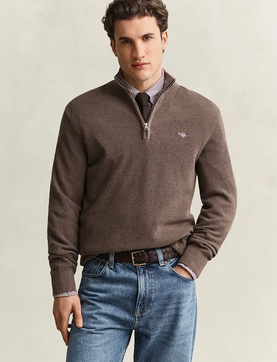 Gant - Waffle Knit Half-Zip Sweater - tõmblukk-kaelusega džemprid - dark hazelnut melange - 0