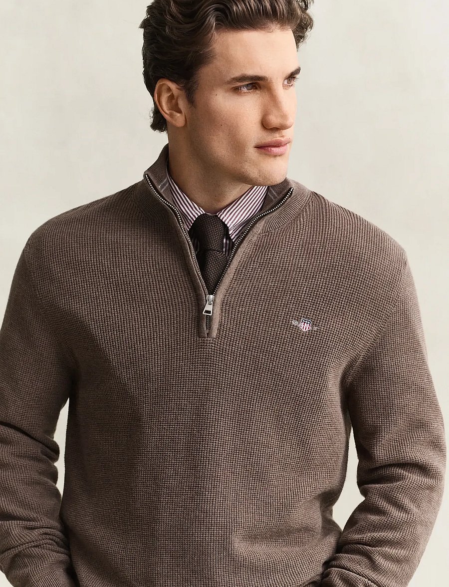 Gant - Waffle Knit Half-Zip Sweater - tõmblukk-kaelusega džemprid - dark hazelnut melange - 3