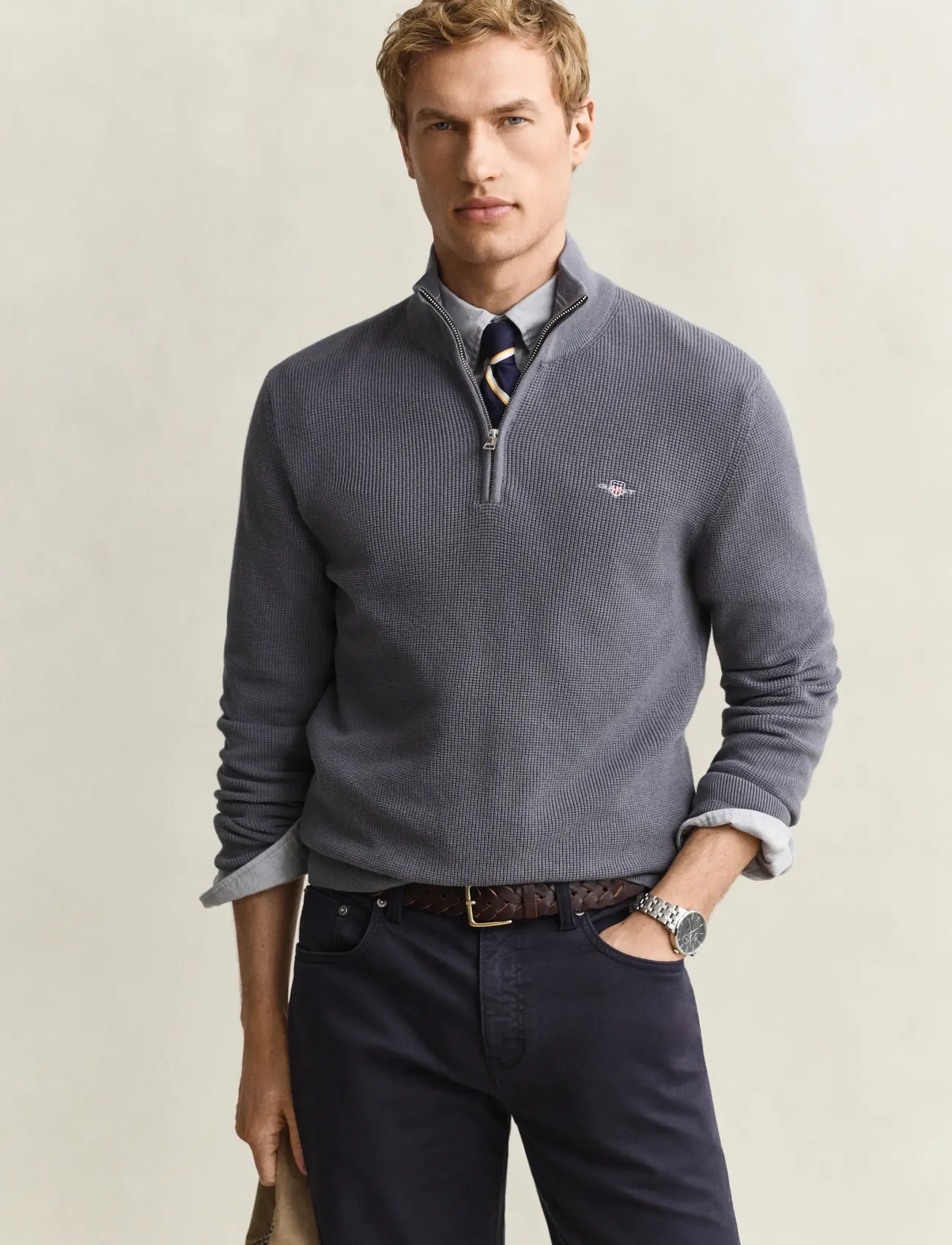 Gant Waffle Knit Half-Zip Sweater - Preppy - MID GREY / grey