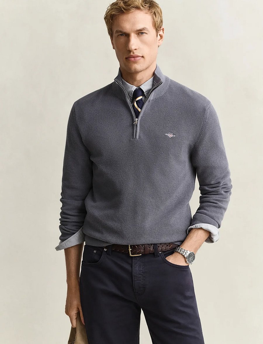 Gant - Waffle Knit Half-Zip Sweater - pullover mit halbem reißverschluss - mid grey - 0