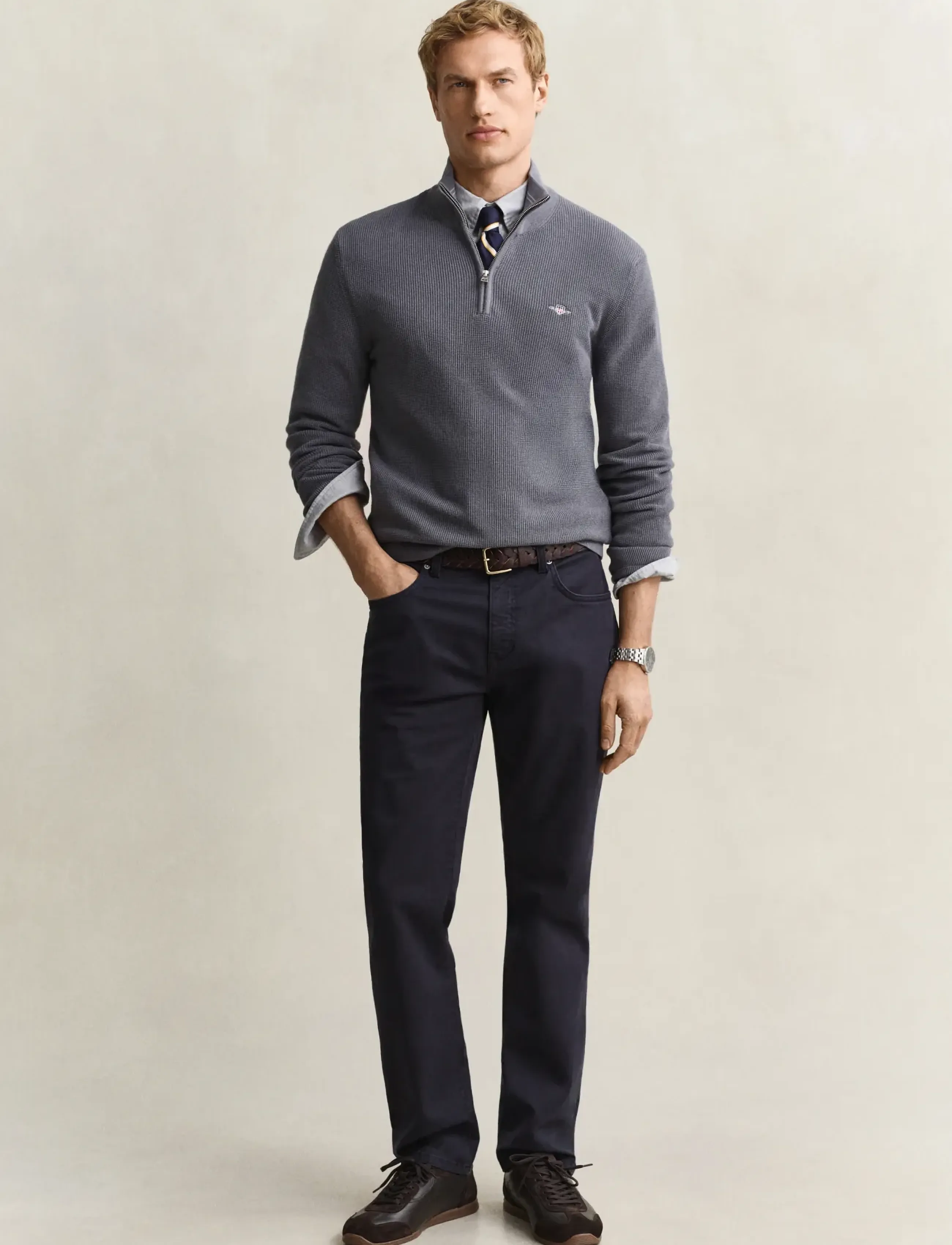 Gant - Waffle Knit Half-Zip Sweater - halfzip strik - mid grey - 4