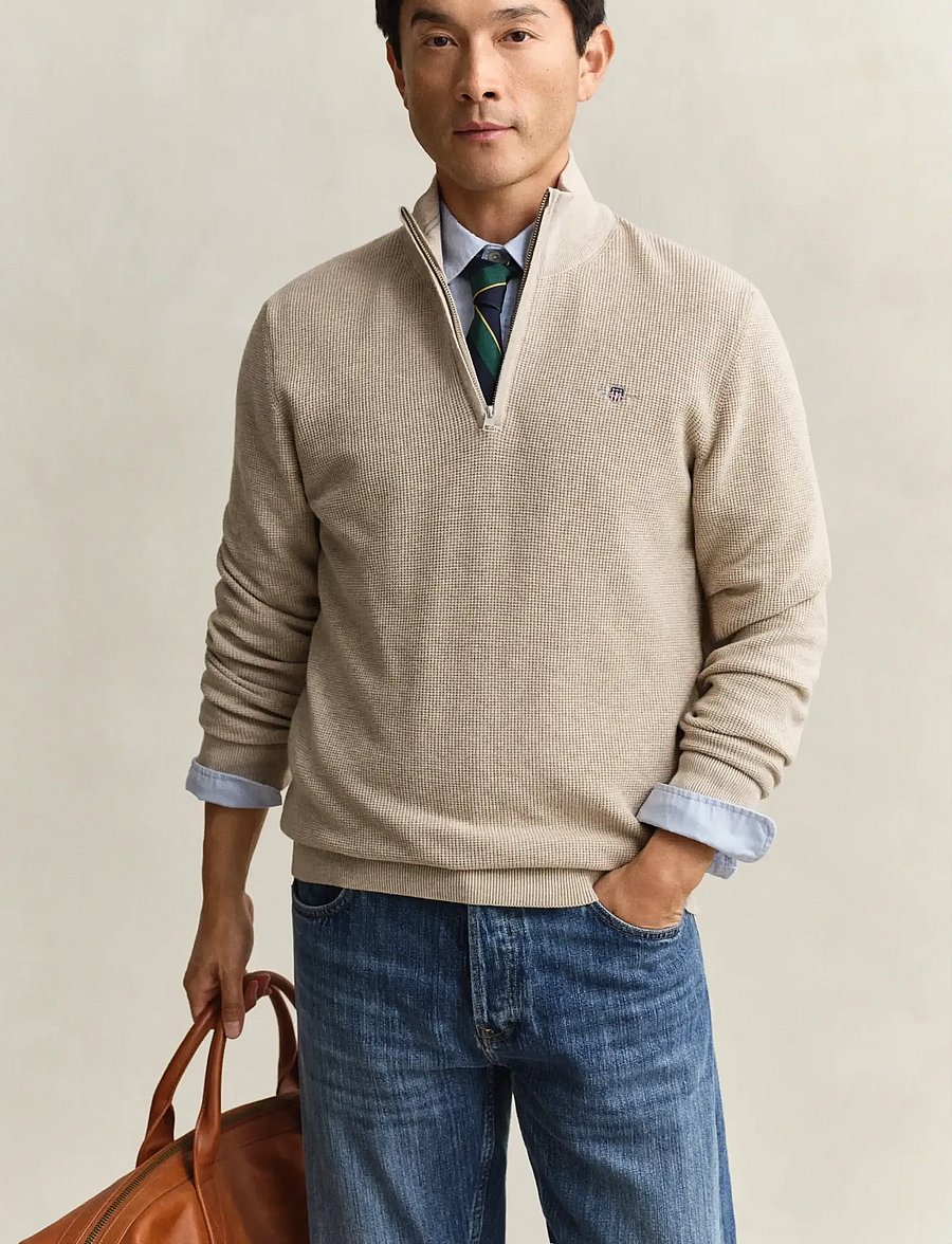 Gant - MICRO TEXTURED COTTON HALF ZIP - pullover mit halbem reißverschluss - oat melange - 0