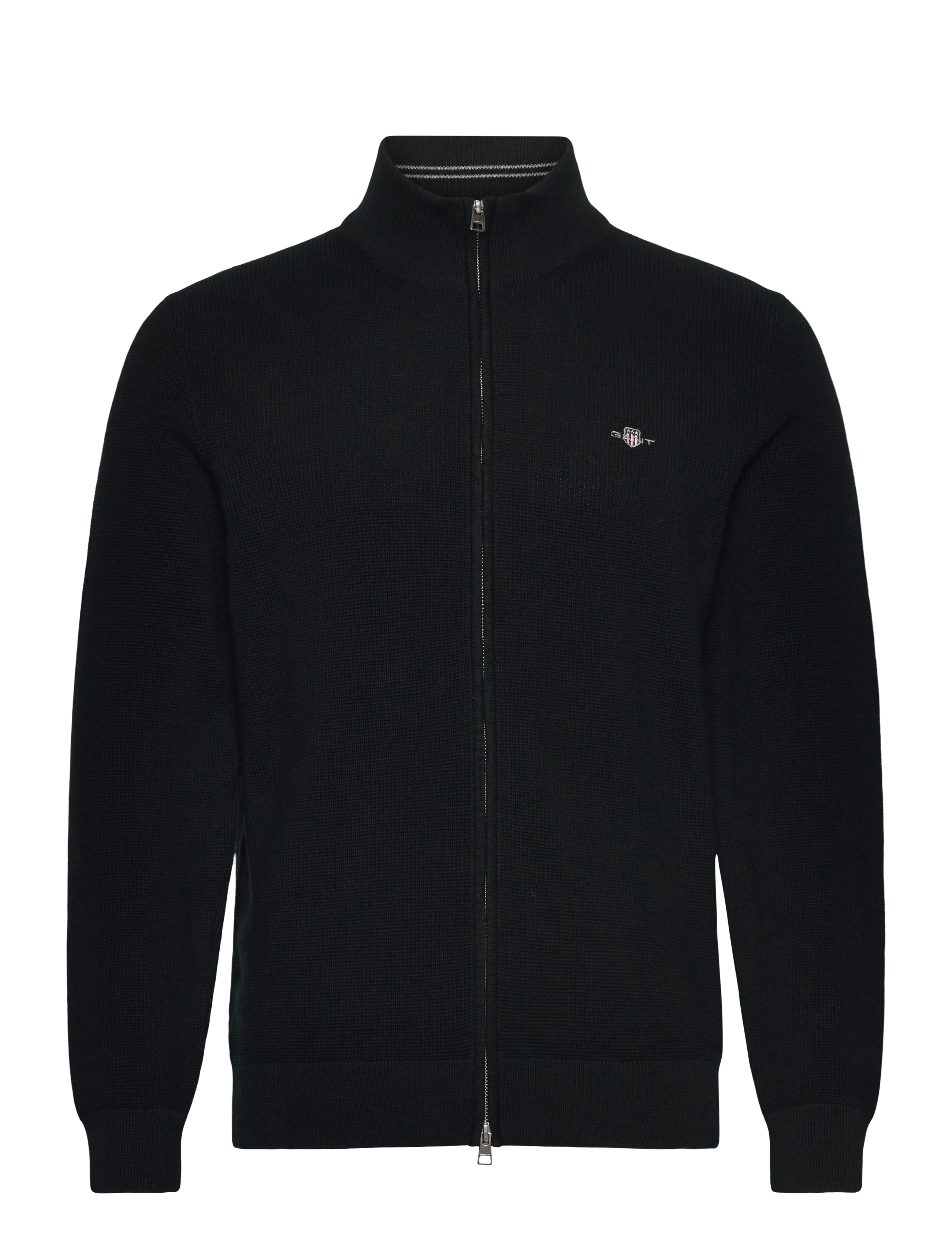 MICRO TEXTURED COTTON ZIP CARDIGAN - BLACK