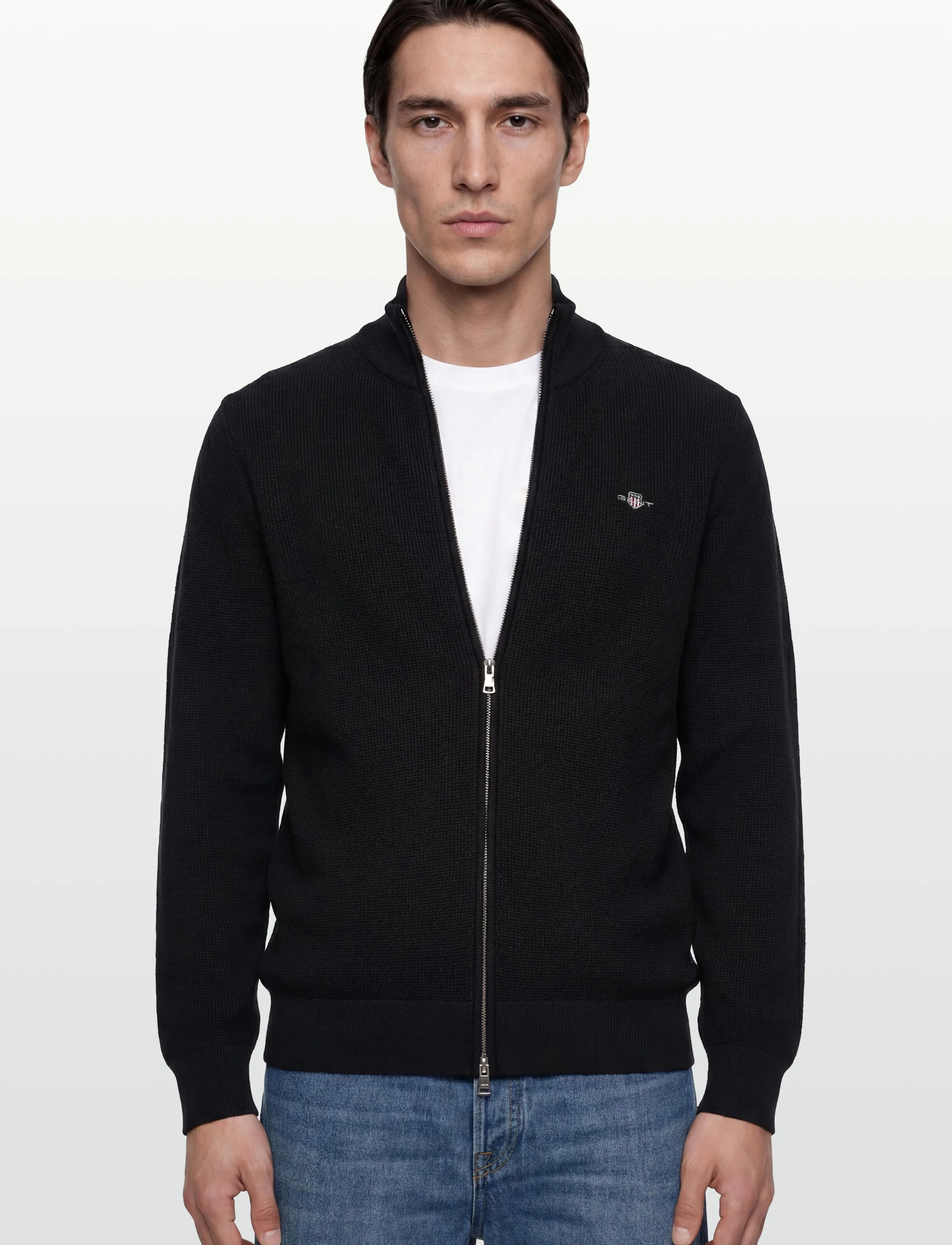 Gant - Waffle Knit Zip Cardigan - fullzip strik - black - 3