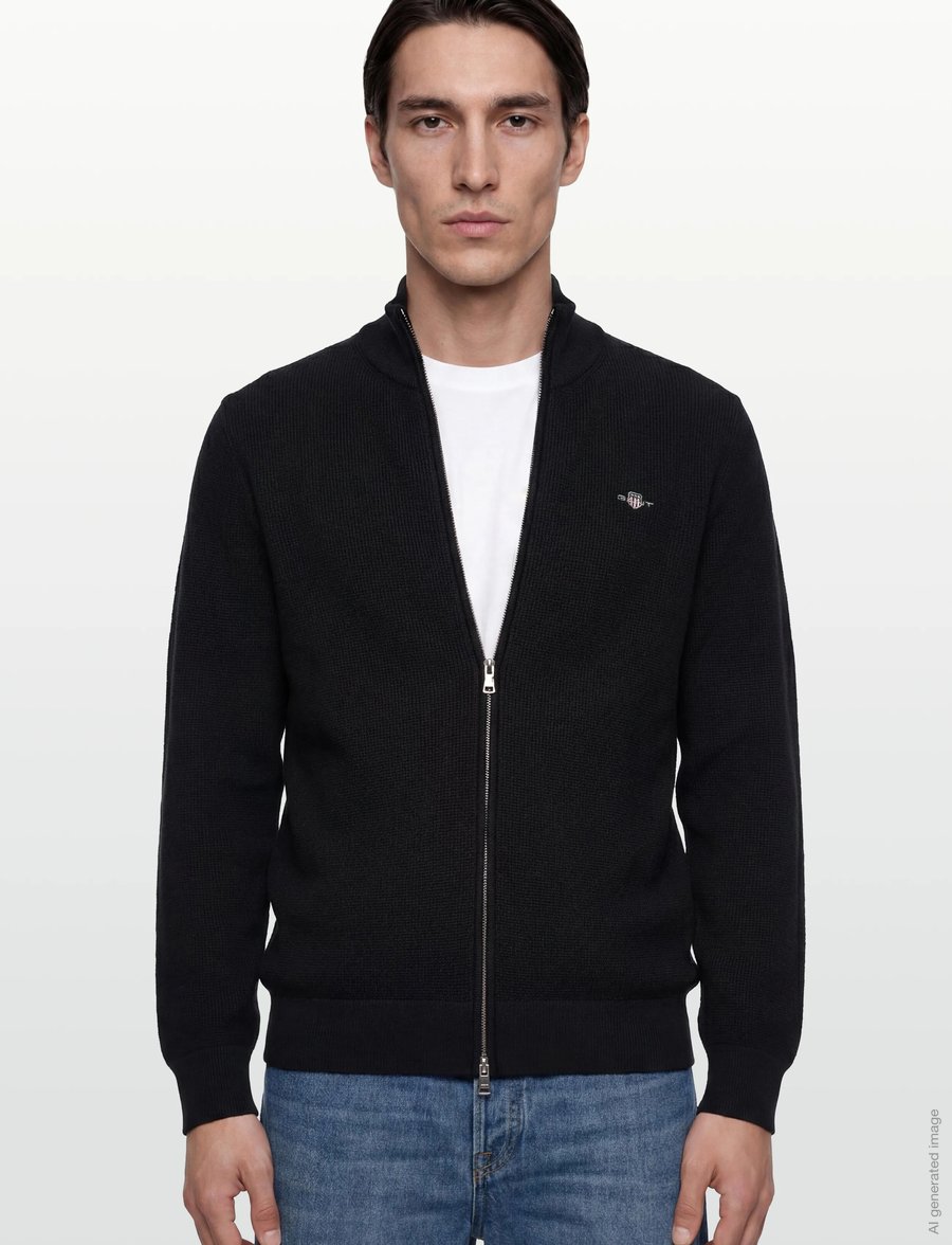 Gant - Waffle Knit Zip Cardigan - fullzip strik - black - 3