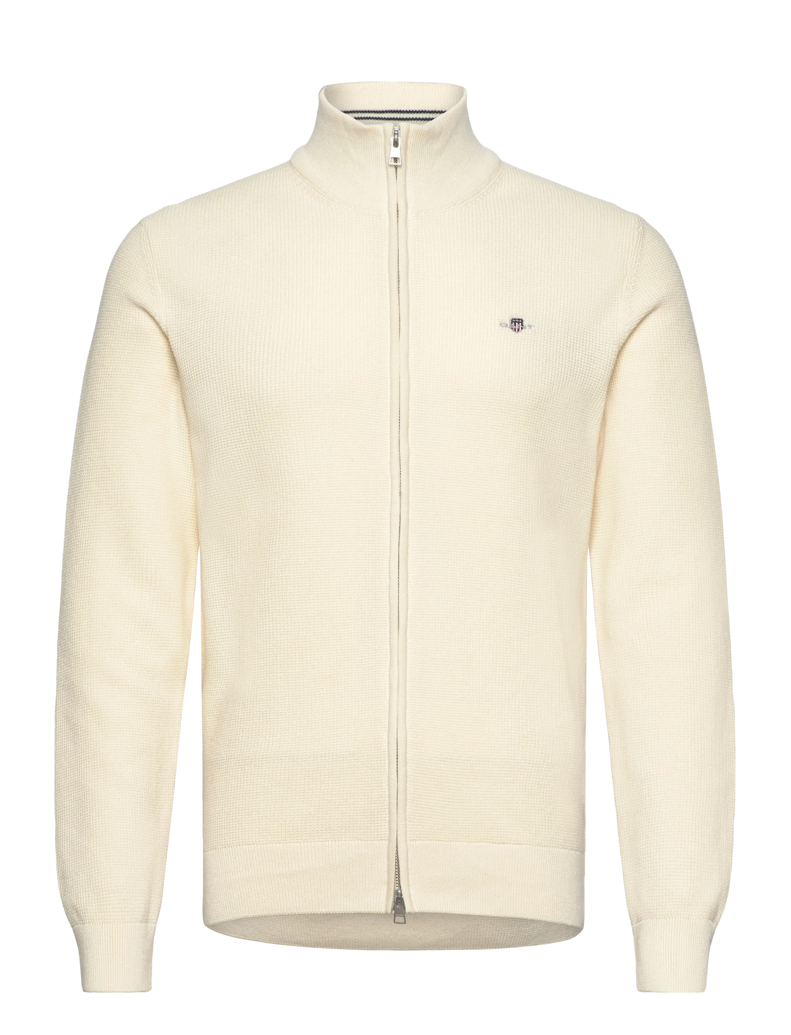 MICRO TEXTURED COTTON ZIP CARDIGAN - CREAM