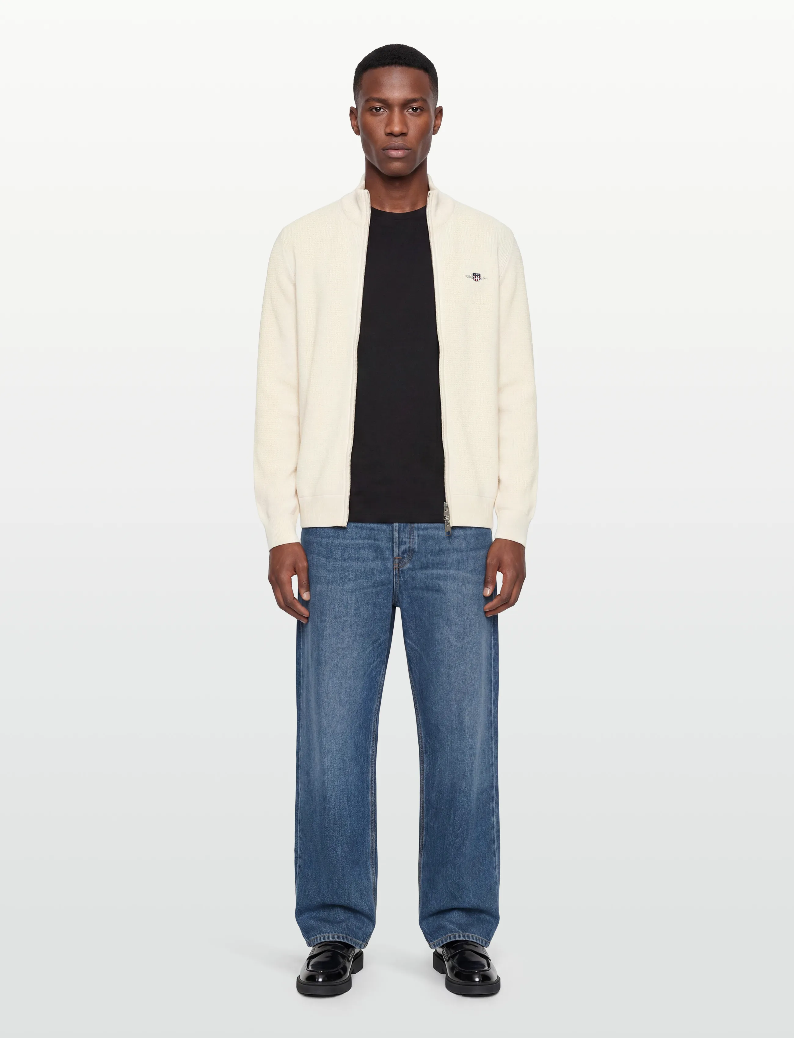 Gant Waffle Knit Zip Cardigan, Mænd, Vaffelstrikket Lynlås Cardigan, Cream, Str: L