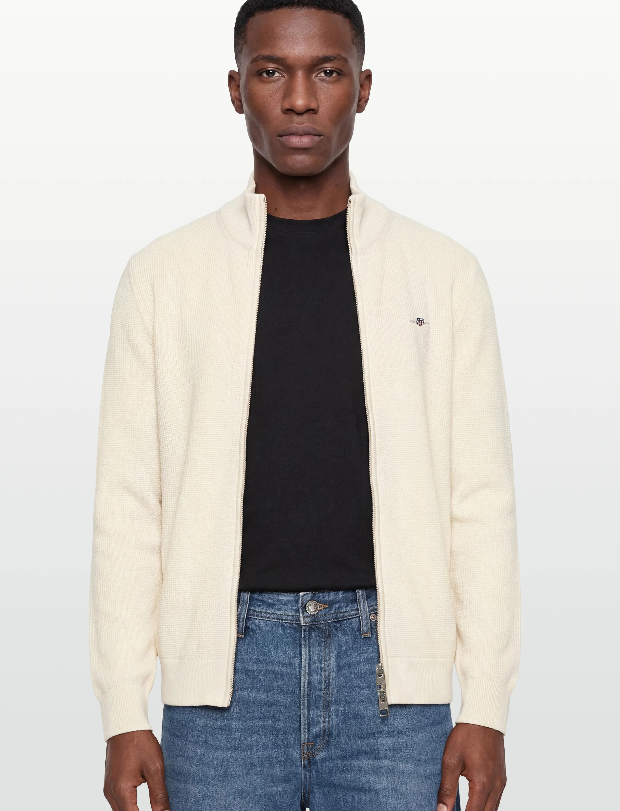 Gant - Waffle Knit Zip Cardigan - fullzip strik - cream - 3