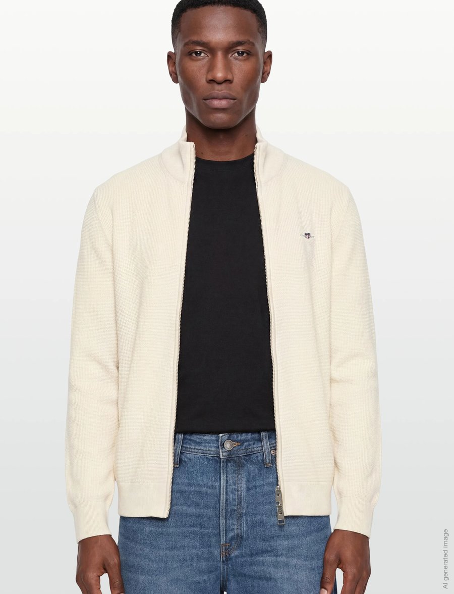 Gant - Waffle Knit Zip Cardigan - fullzip strik - cream - 3