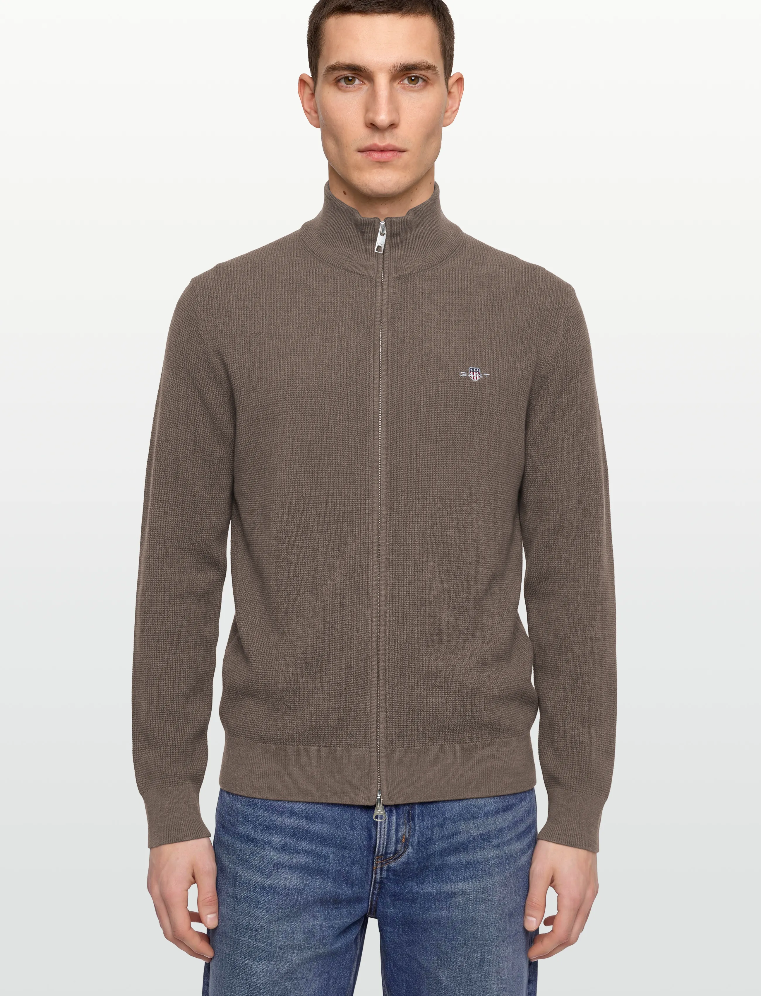 Gant - Waffle Knit Zip Cardigan - full zip jumpers - dark hazelnut melange - 3