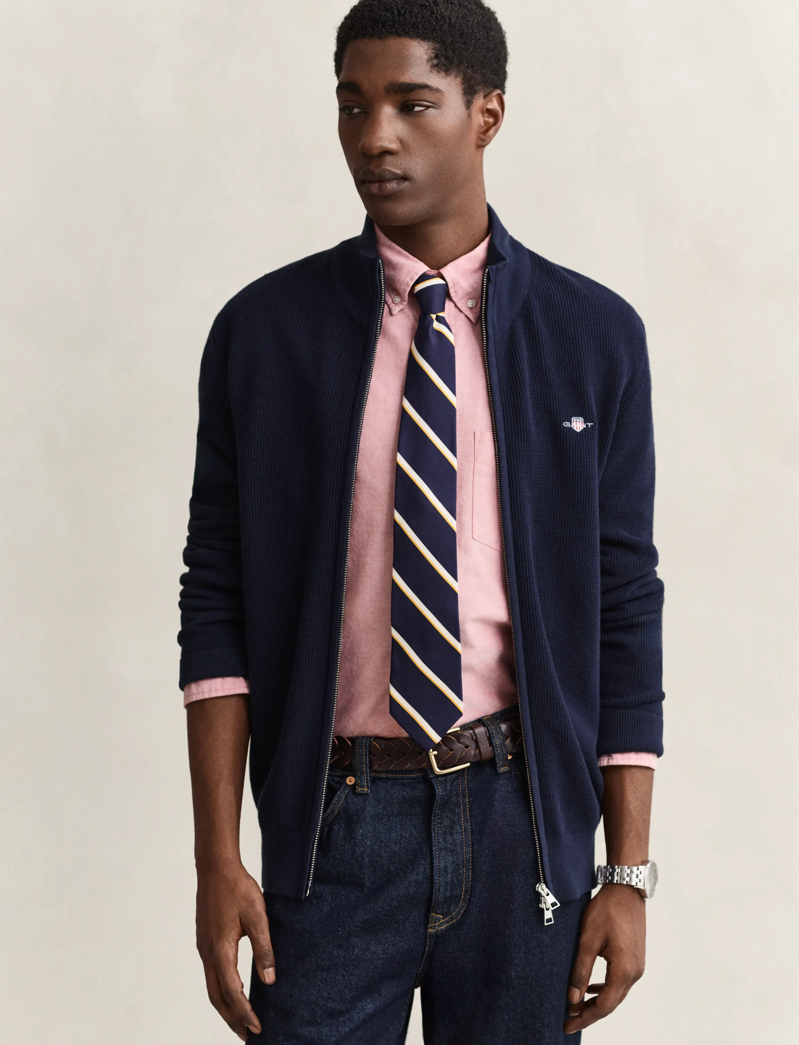 Gant - Waffle Knit Zip Cardigan - pullover mit durchgehendem reißverschluss - evening blue - 0