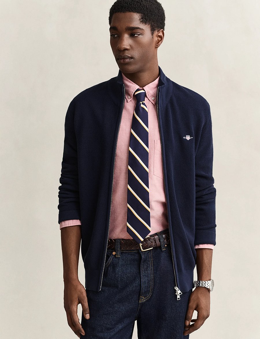 Gant - Waffle Knit Zip Cardigan - pullover mit durchgehendem reißverschluss - evening blue - 0