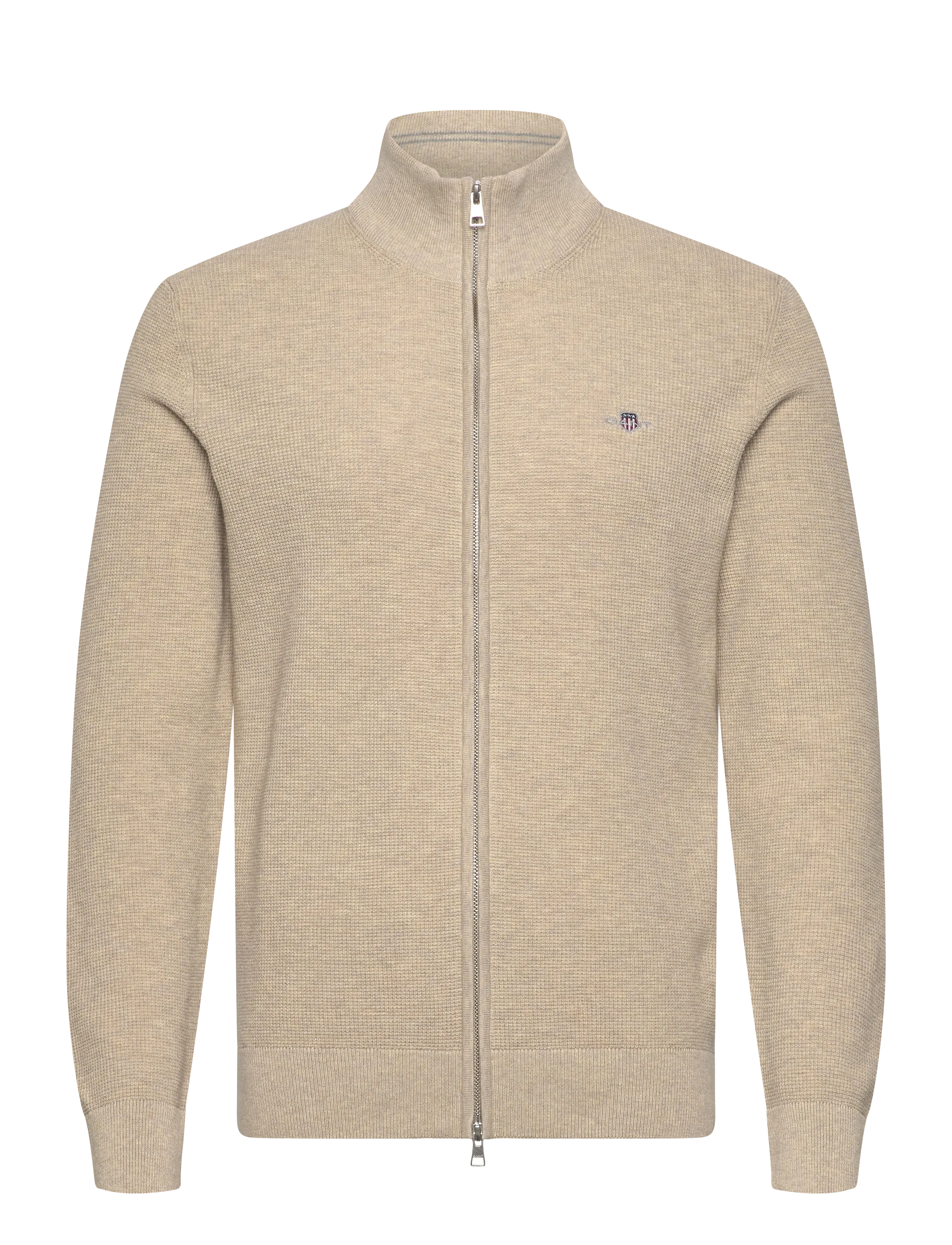 MICRO TEXTURED COTTON ZIP CARDIGAN - OAT MELANGE