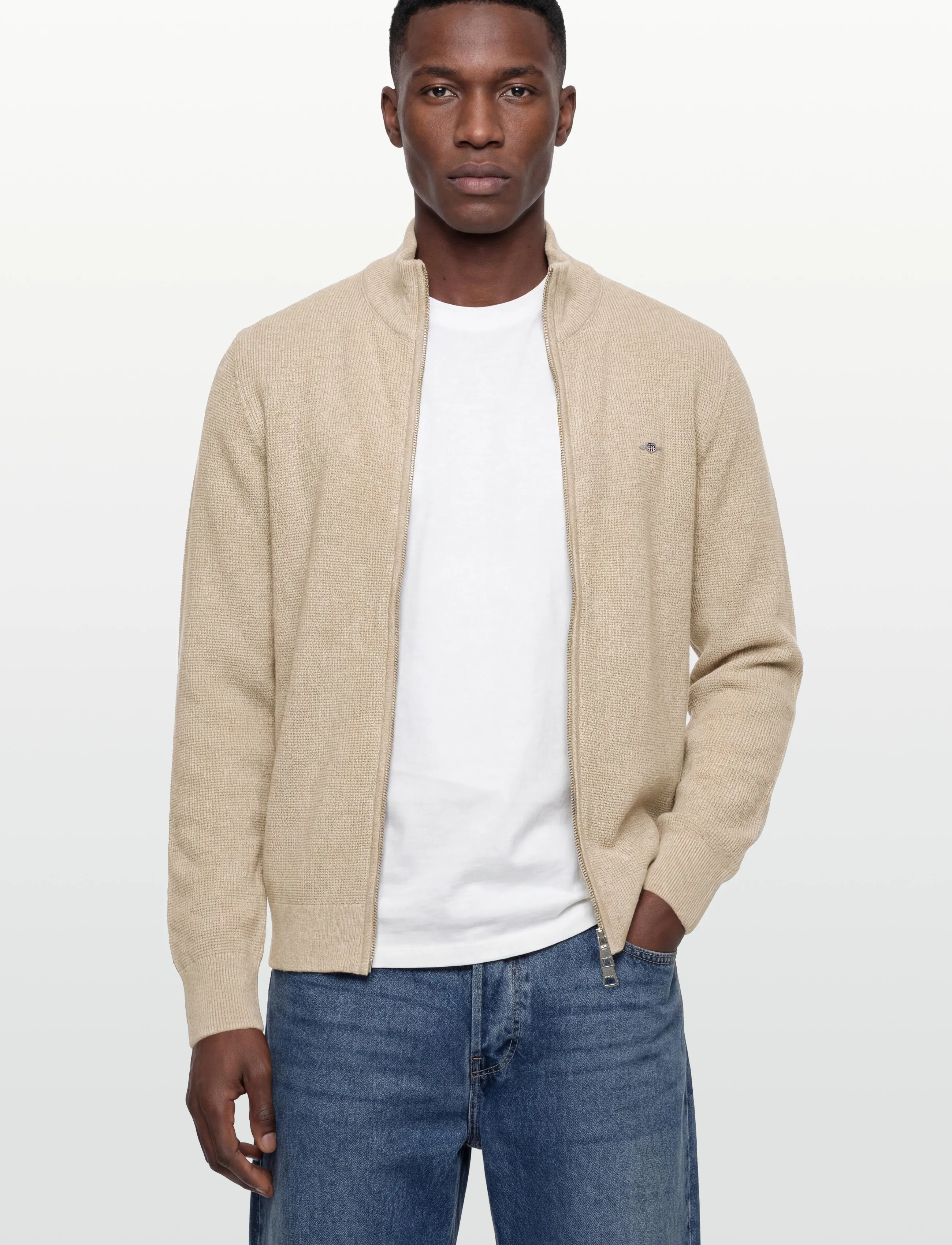 Gant - Waffle Knit Zip Cardigan - fullzip strik - oat melange - 3