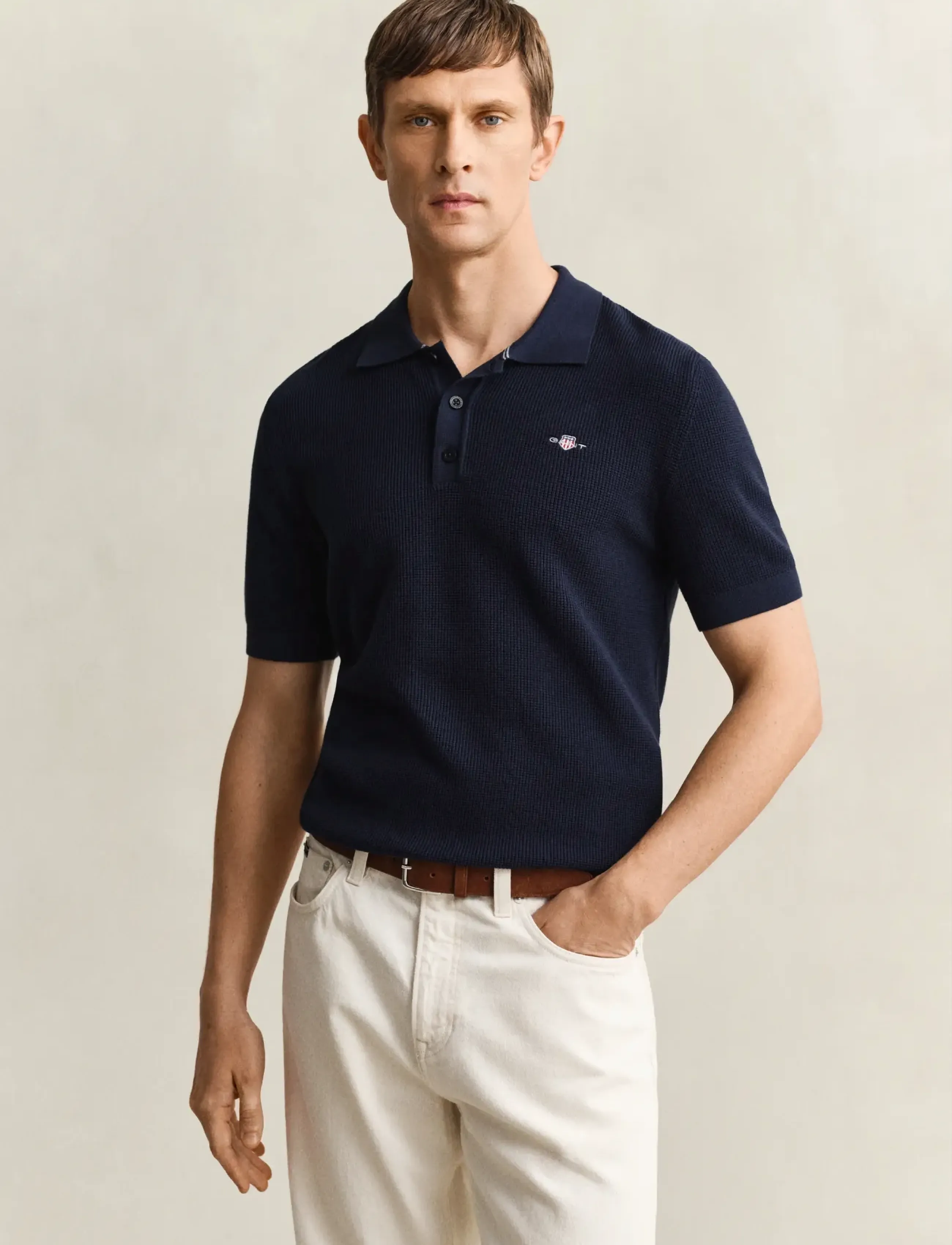 Gant Micro Textured Cotton Ss Polo, Mænd, Kortærmet Strikket Polo, Navy, Str: S