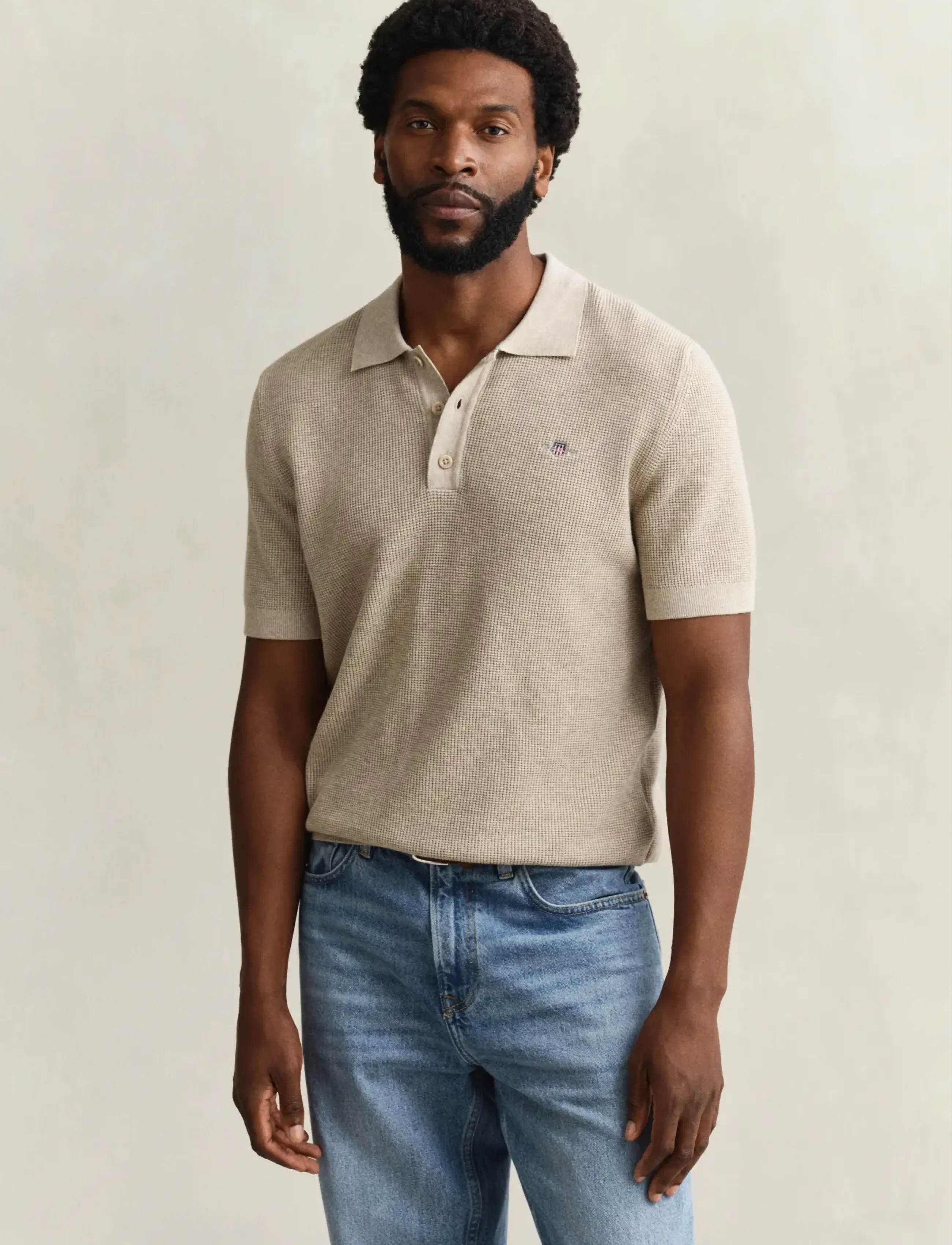 Gant Micro Textured Cotton Ss Polo, Mænd, Kortærmet Strikket Polo, Beige, Str: XXL