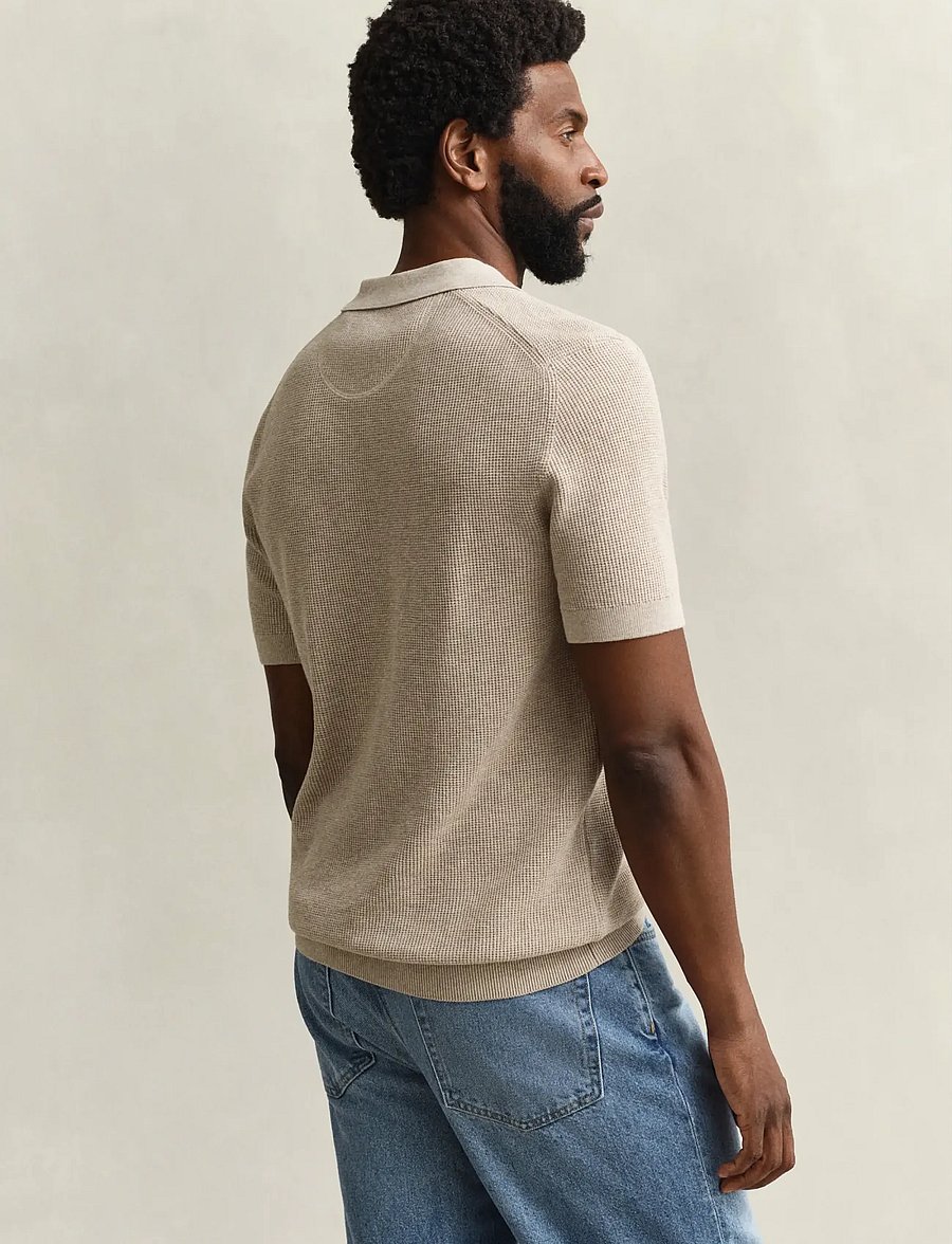 Gant - MICRO TEXTURED COTTON SS POLO - stickade pikéer - oat melange - 2