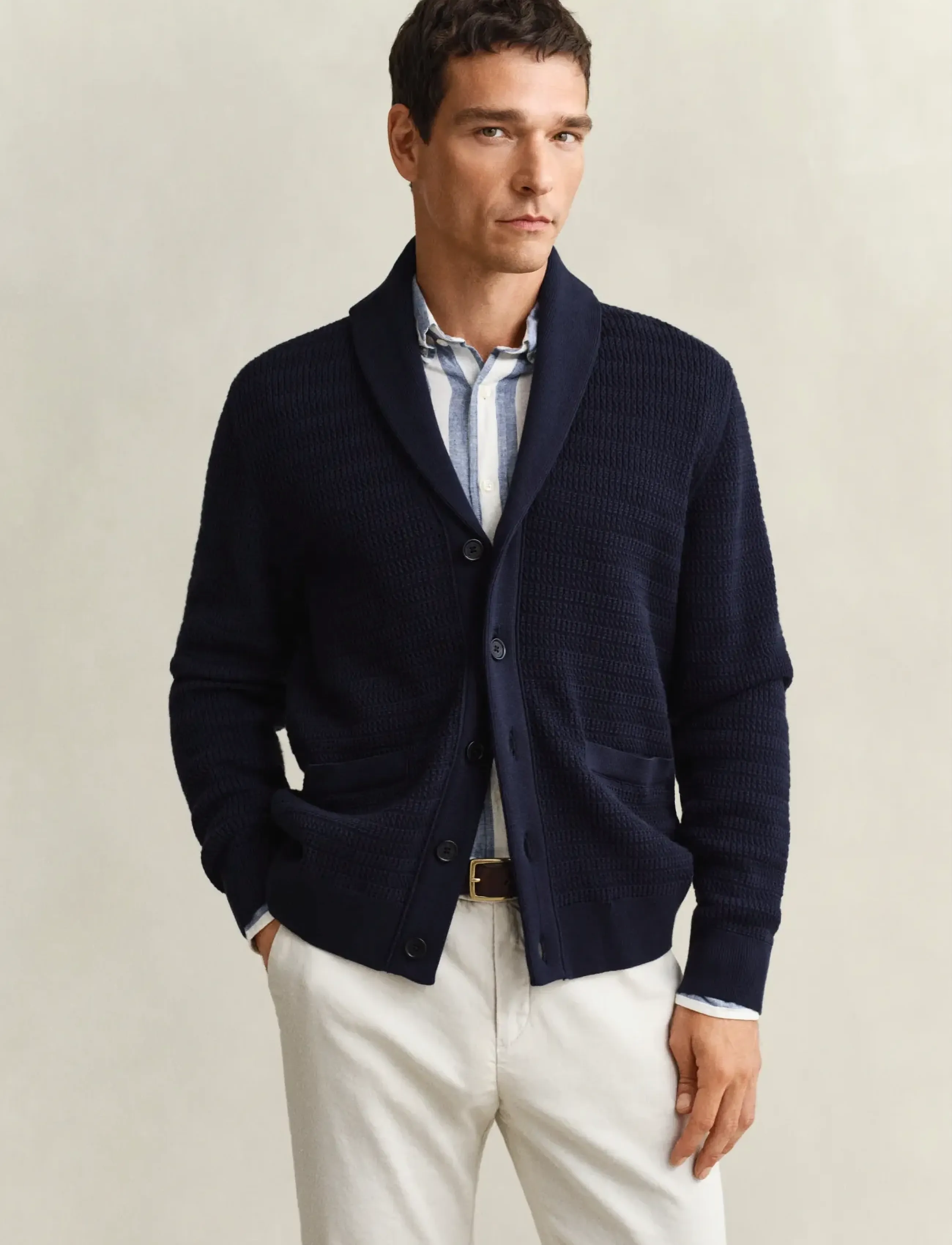 Gant Mini Cable Shawl Collar Cardigan, 3XL, Navy, Strik > Cardigans, Herre