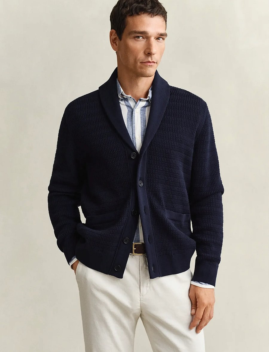 Gant - MINI CABLE SHAWL COLLAR CARDIGAN - cardigans - evening blue - 0