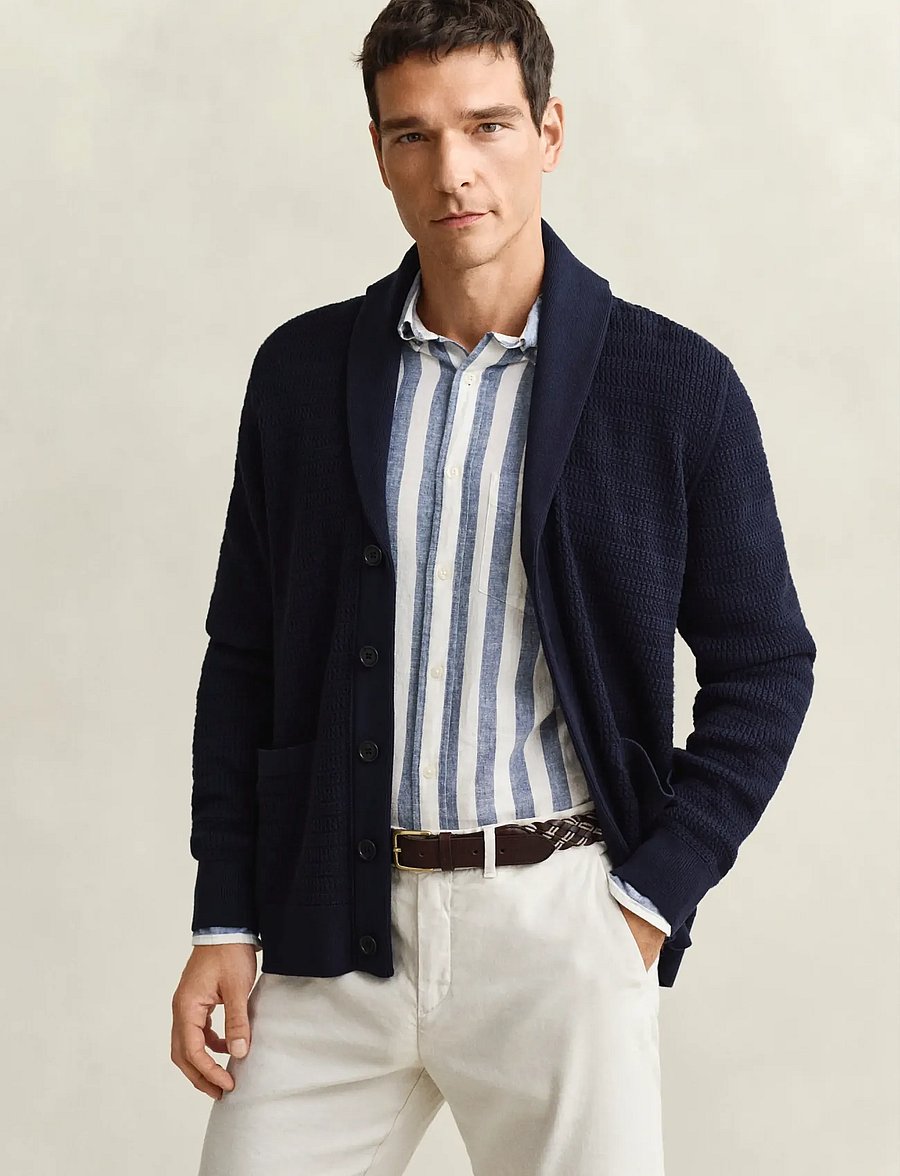 Gant - MINI CABLE SHAWL COLLAR CARDIGAN - cardigans - evening blue - 3