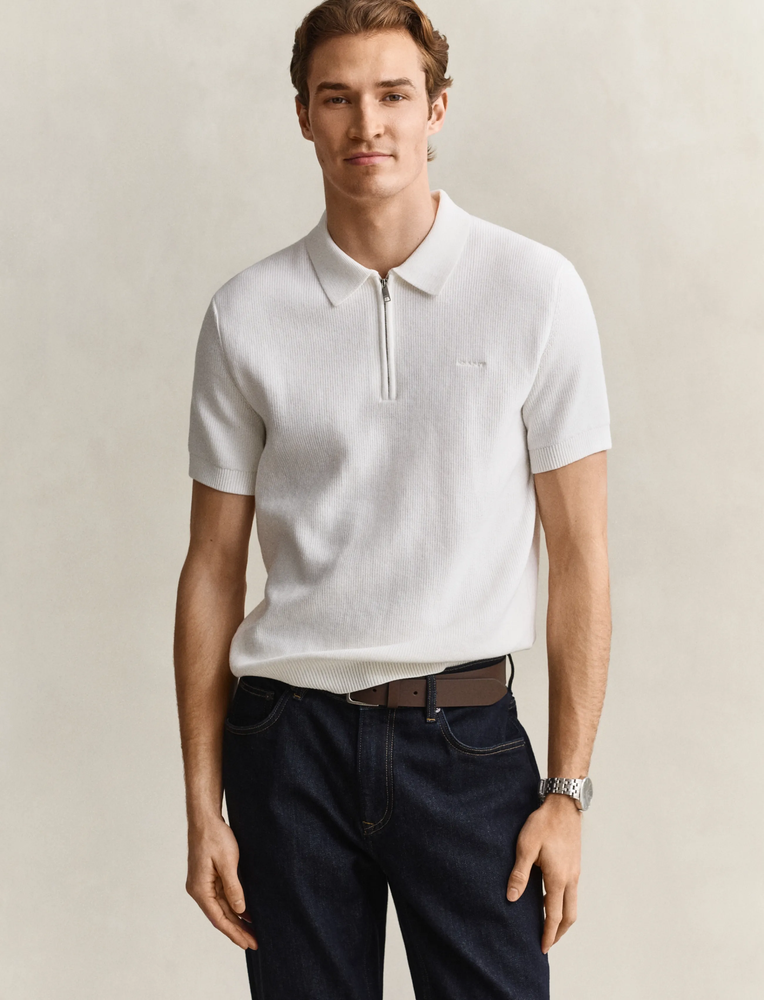 Gant Cotton Rib Hz Polo, Mænd, Strikket Halvlynlås Polo Skjorte, Cream, Str: XL