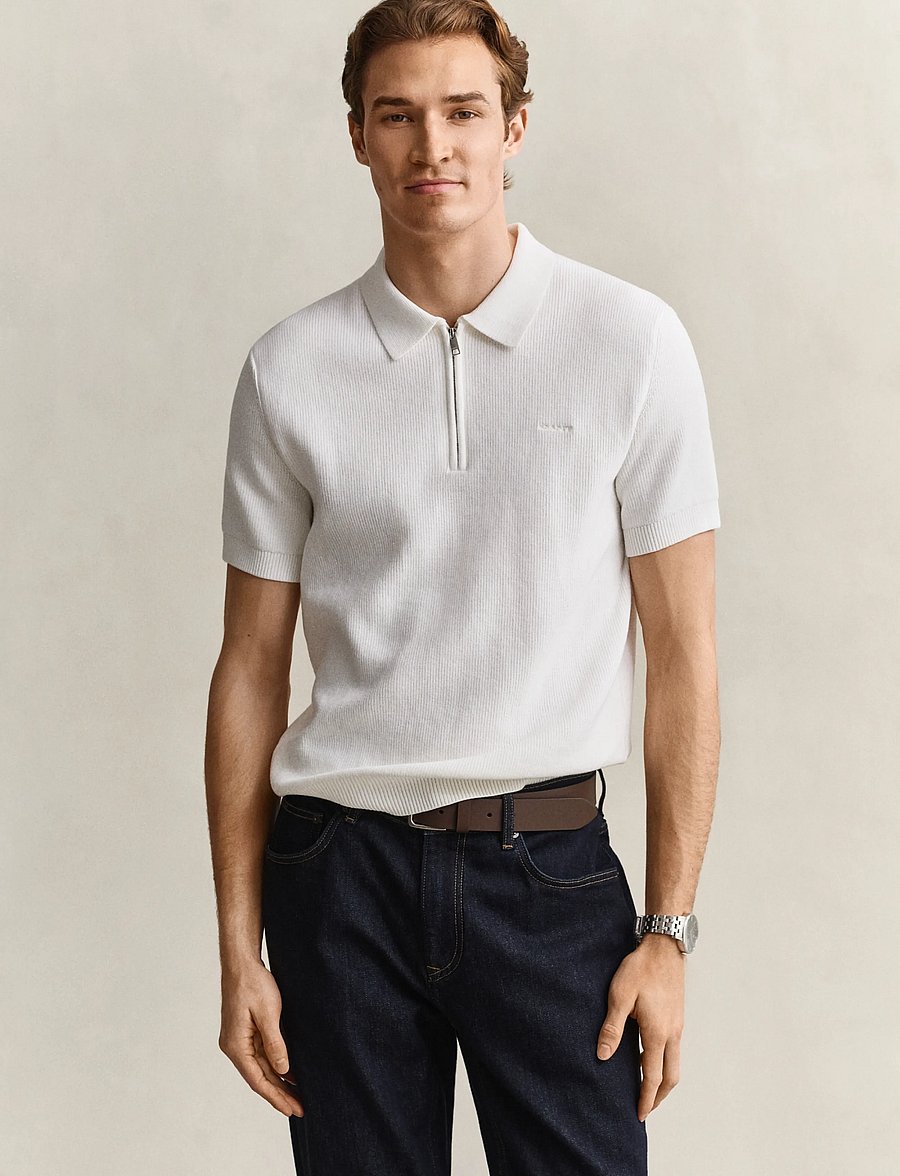 Gant - COTTON RIB HZ POLO - langärmlige strick-polohemden - eggshell - 0