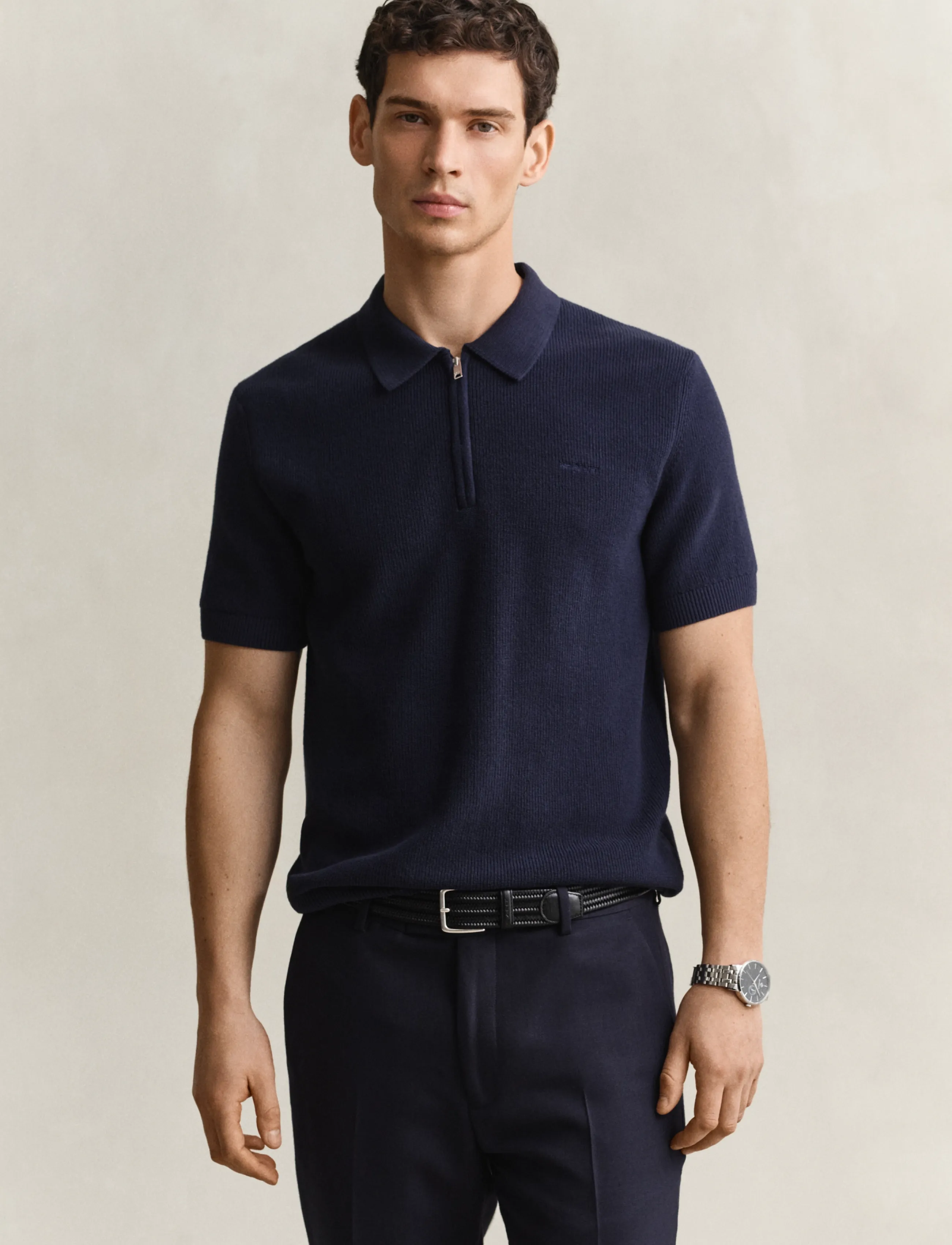 Gant Cotton Rib Hz Polo, Mænd, Strikket Halvlynlås Polo Skjorte, Navy, Str: XL