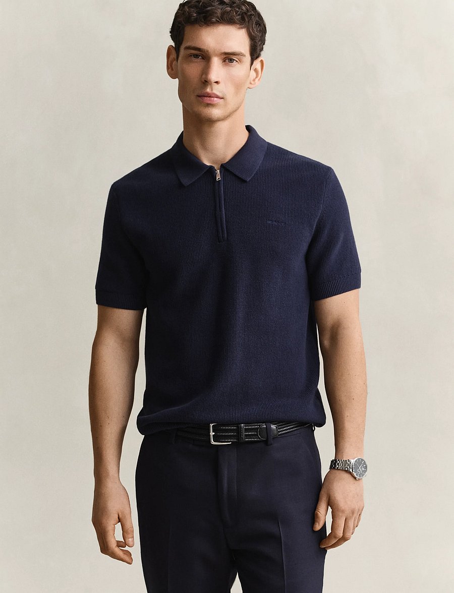 Gant - COTTON RIB HZ POLO - langärmlige strick-polohemden - evening blue - 0