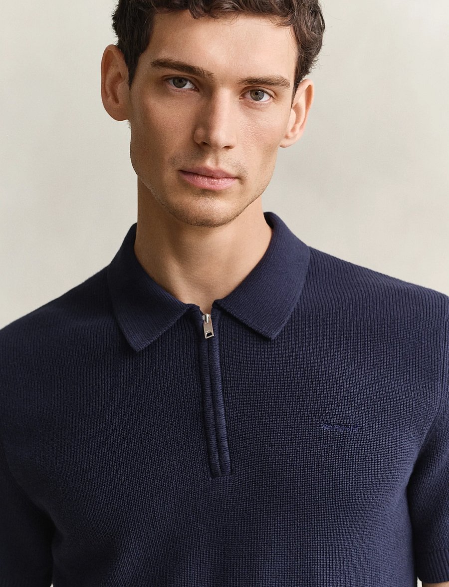 Gant - COTTON RIB HZ POLO - langärmlige strick-polohemden - evening blue - 3