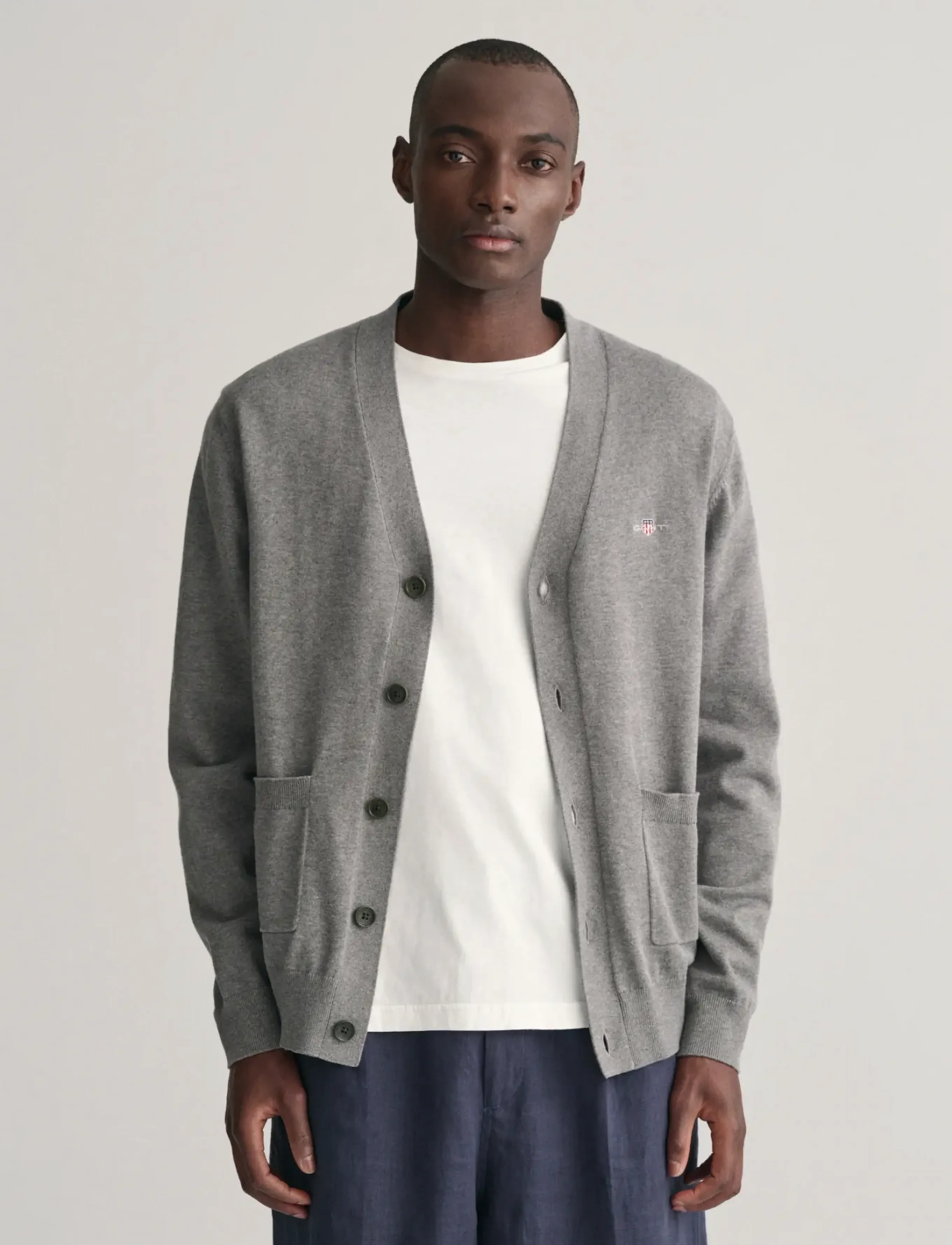 Gant Classic Cotton V-Cardigan, XL, Knitwear, Grau - Cardigans, Männerswear