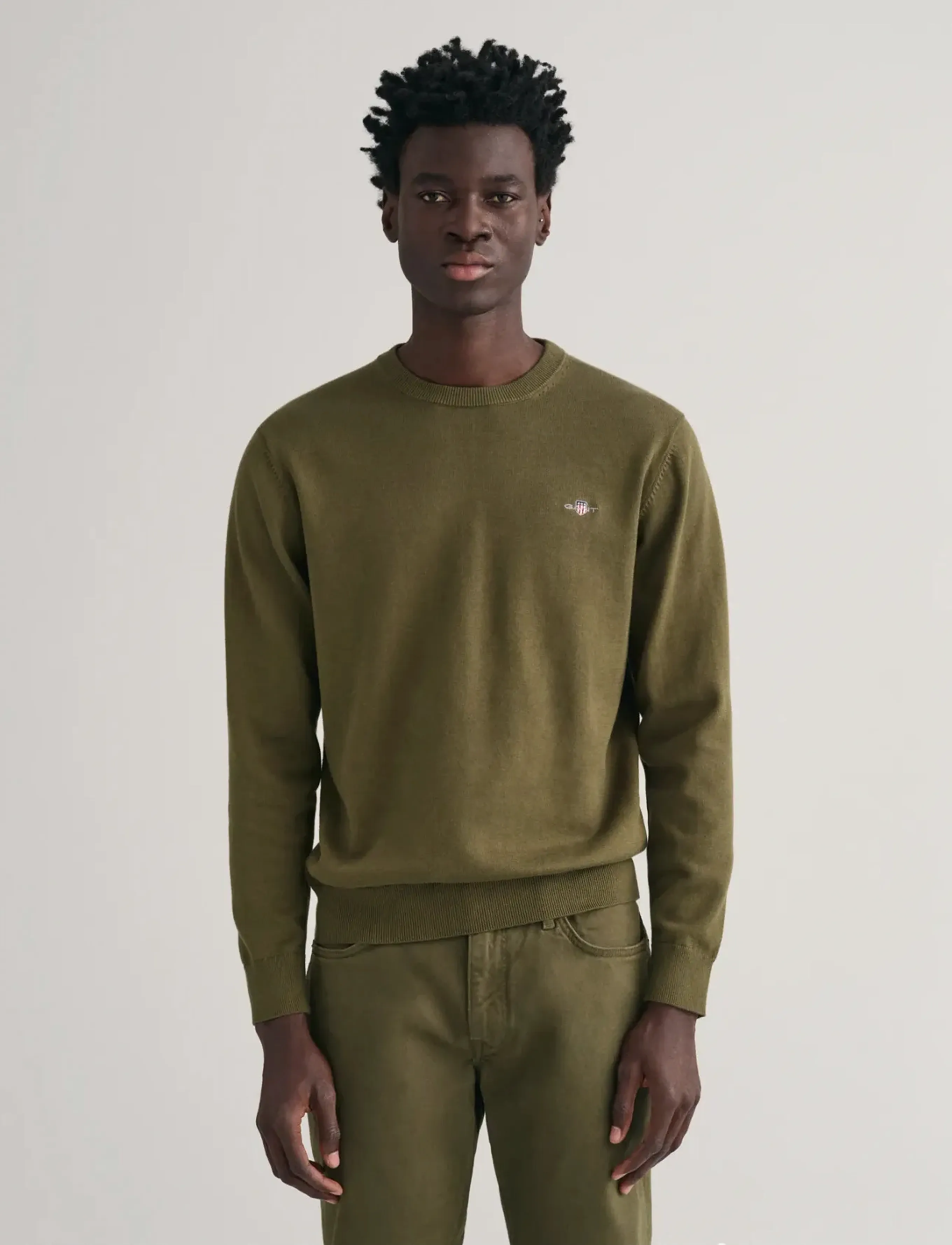 Gant Classic Cotton C-Neck, S, Knitwear, Khakigrün - Round Necks, Männerswear