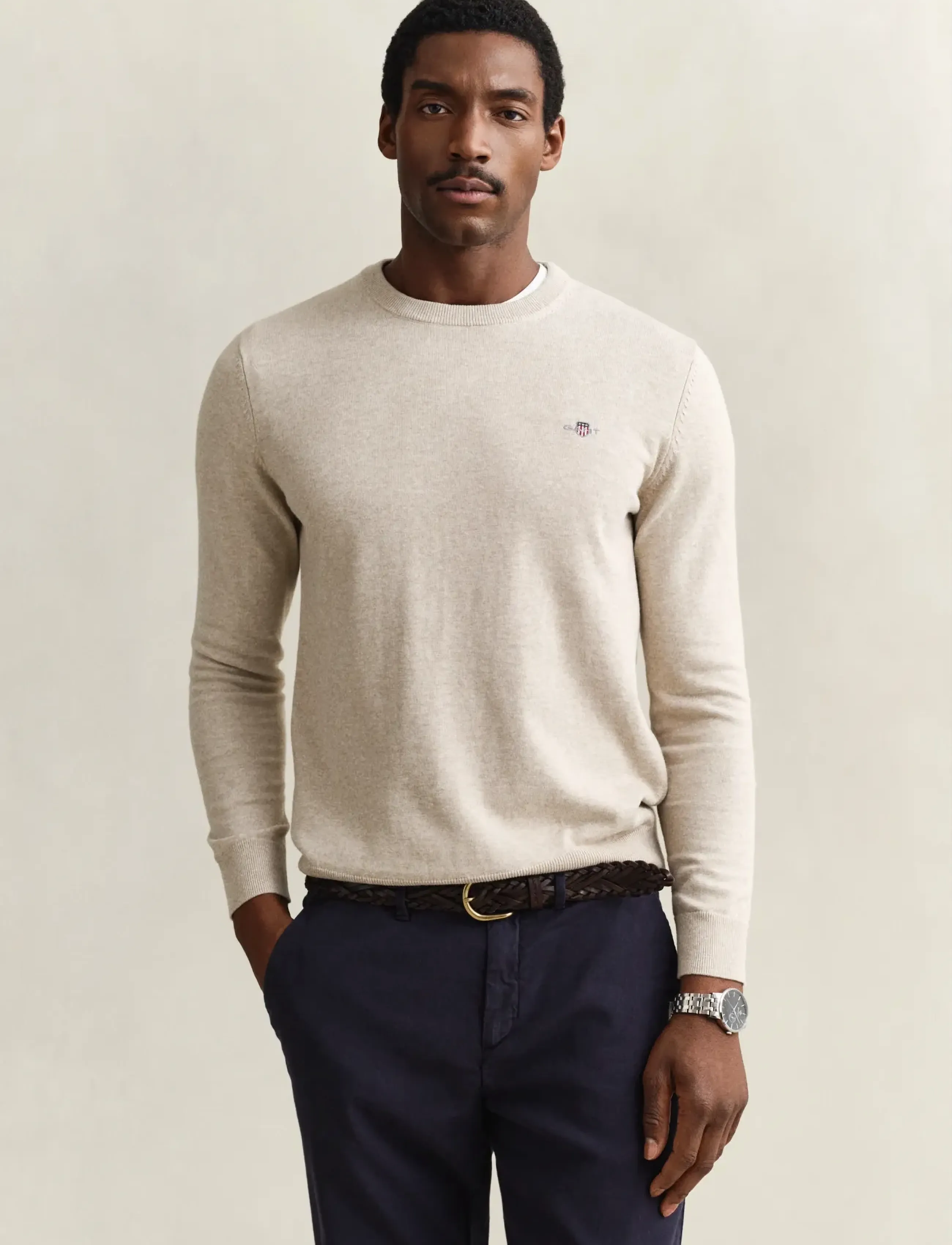 Gant Classic Cotton C-Neck, XXL, Knitwear, Beige - Round Necks, Männerswear