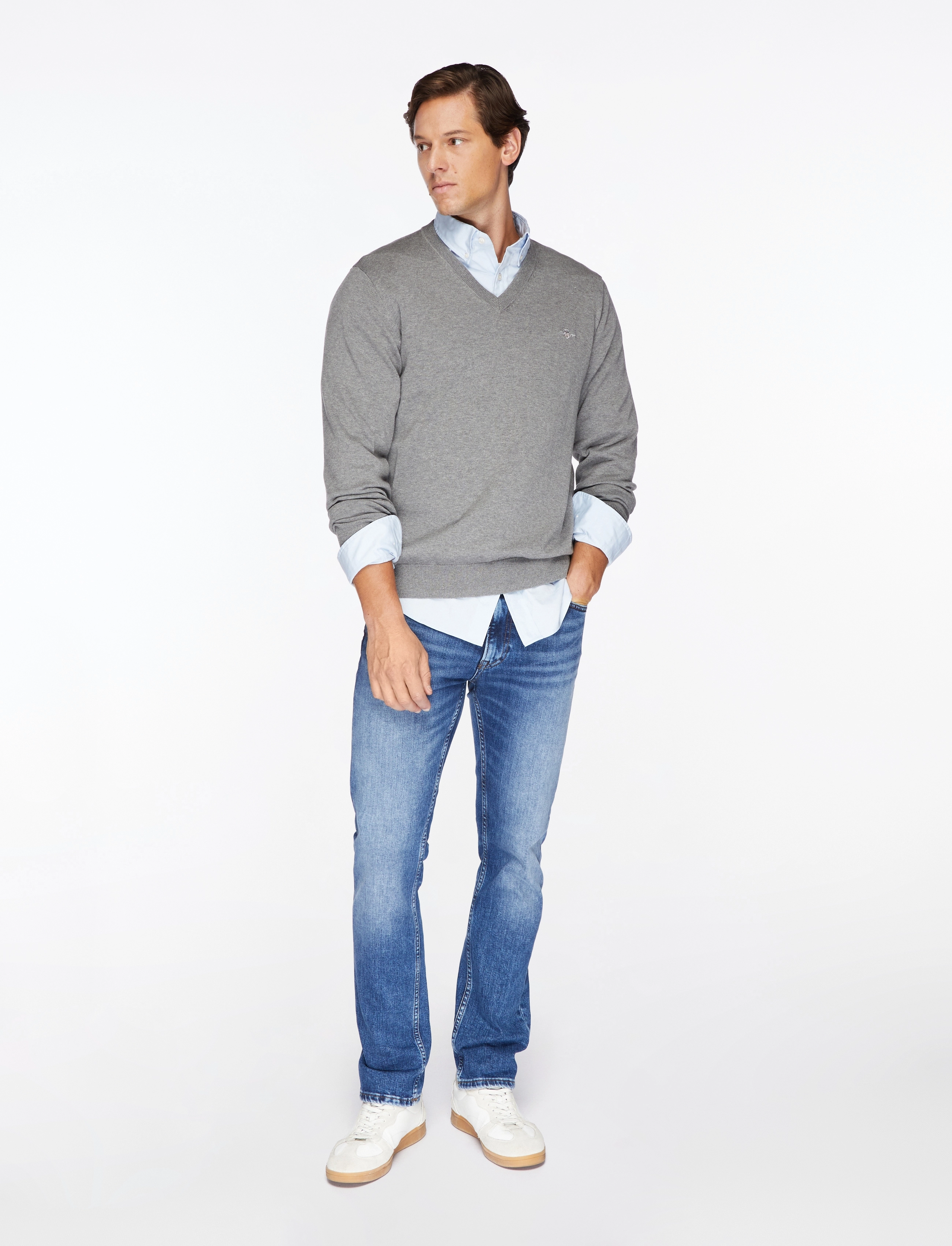 Gant Classic Cotton V-Neck, XXL, Knitwear, Grau - V-necks, Männerswear