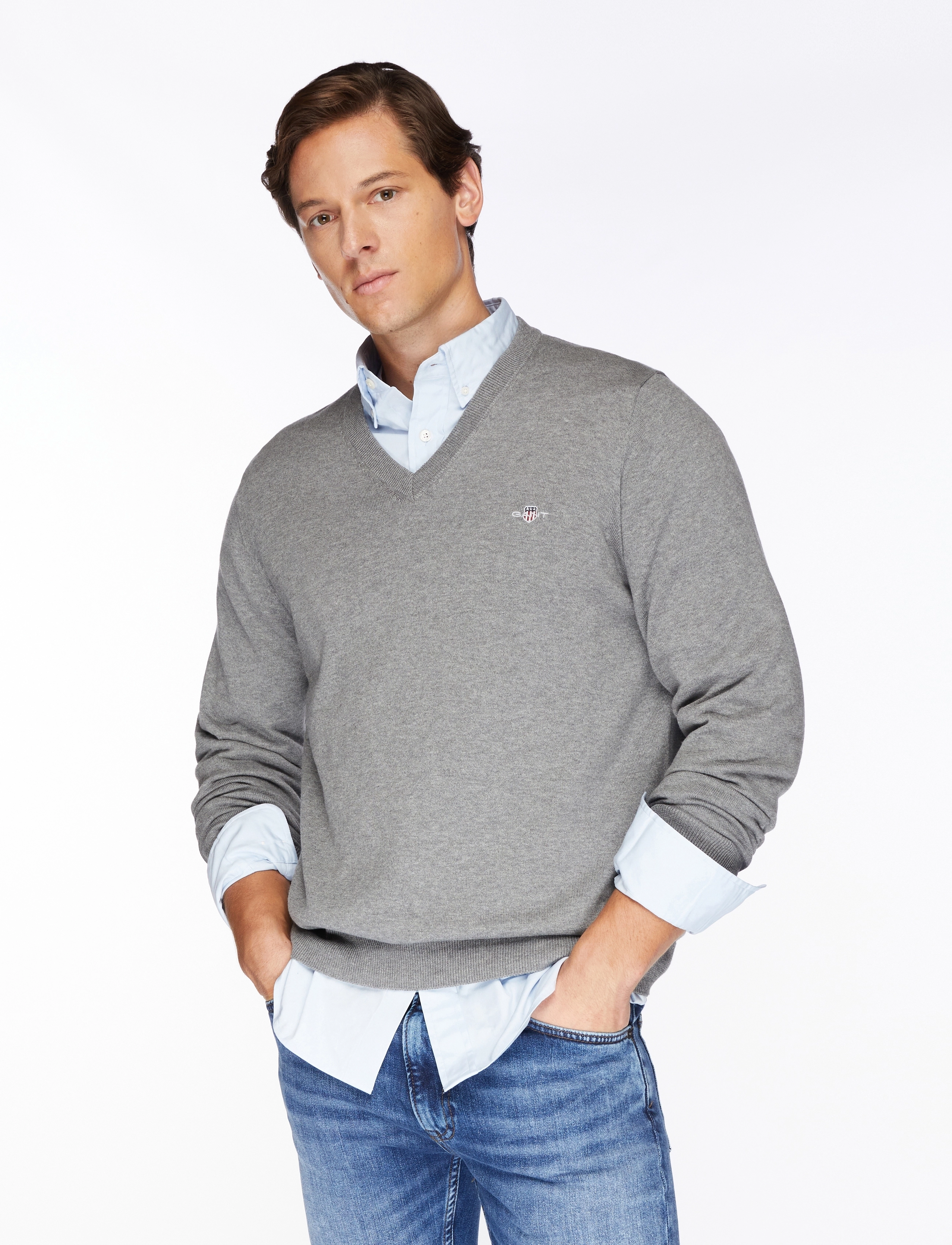 GANT CLASSIC COTTON V-NECK - Inspiration - DARK GREY MELANGE / grey