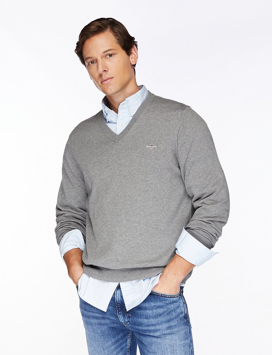Gant - CLASSIC COTTON V-NECK - megztiniai su v formos apykakle - dark grey melange - 0