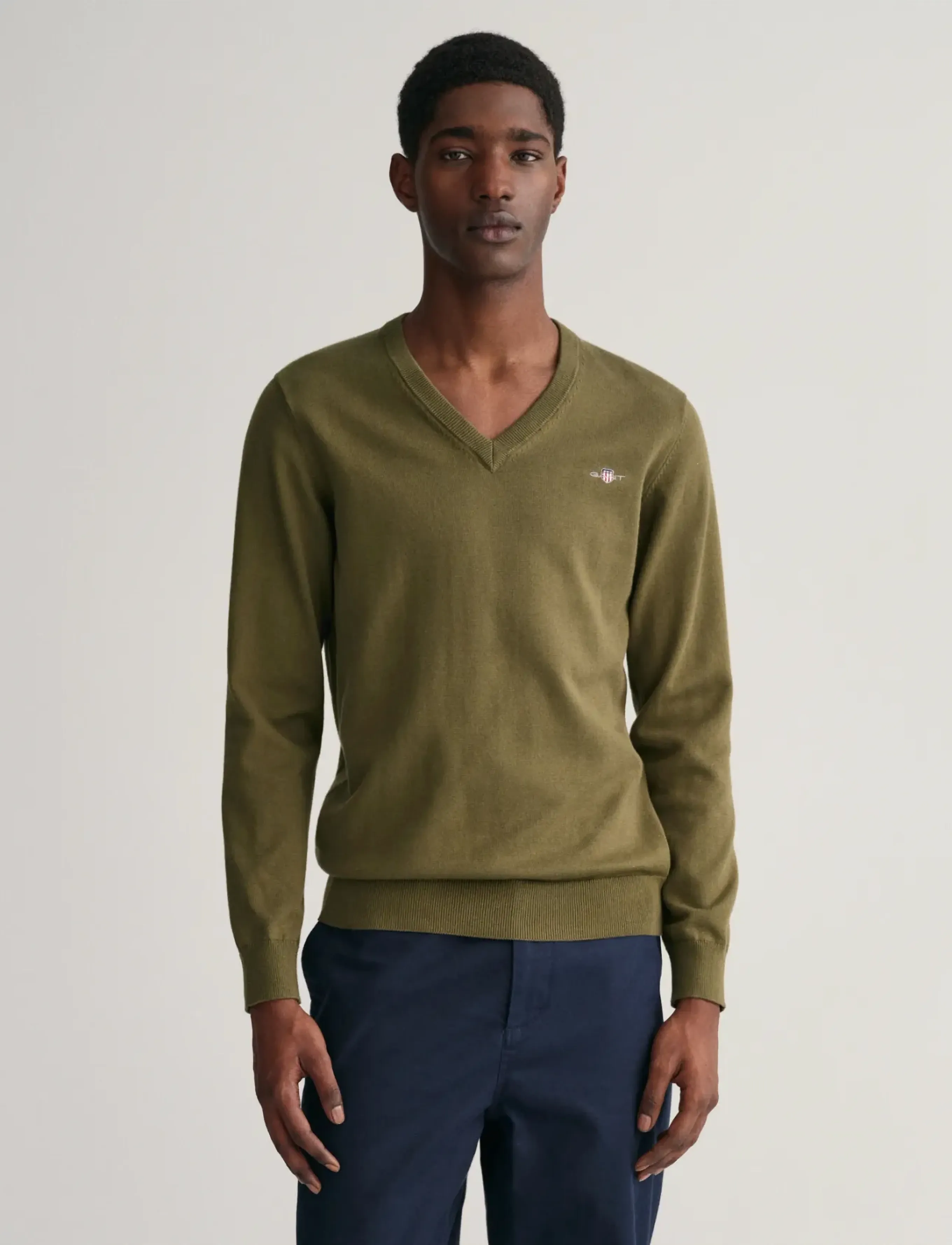 Gant Classic Cotton V-Neck, S, Knitwear, Khakigrün - V-necks, Männerswear