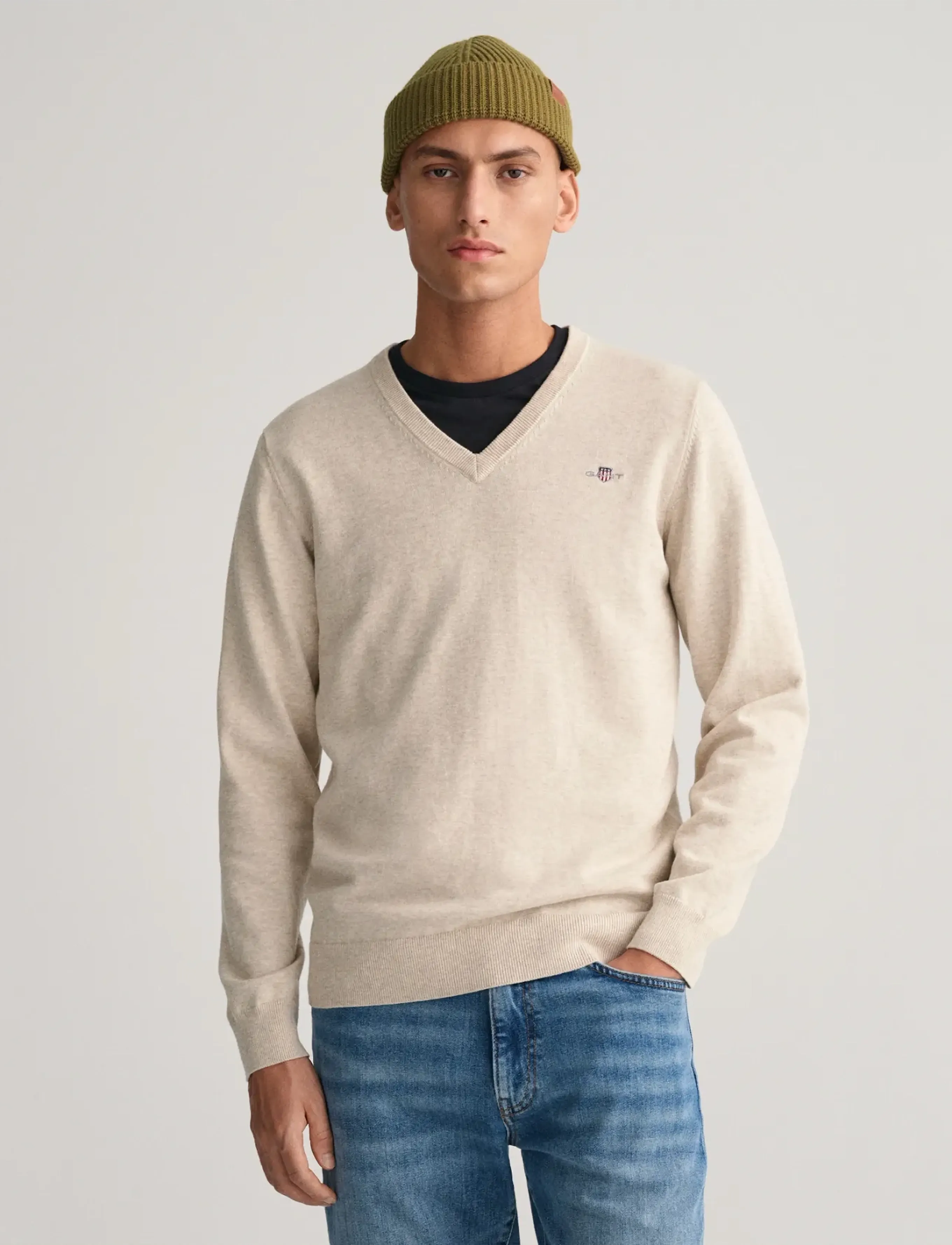 Gant Classic Cotton V-Neck, X3XL, Knitwear, Beige - V-necks, Männerswear