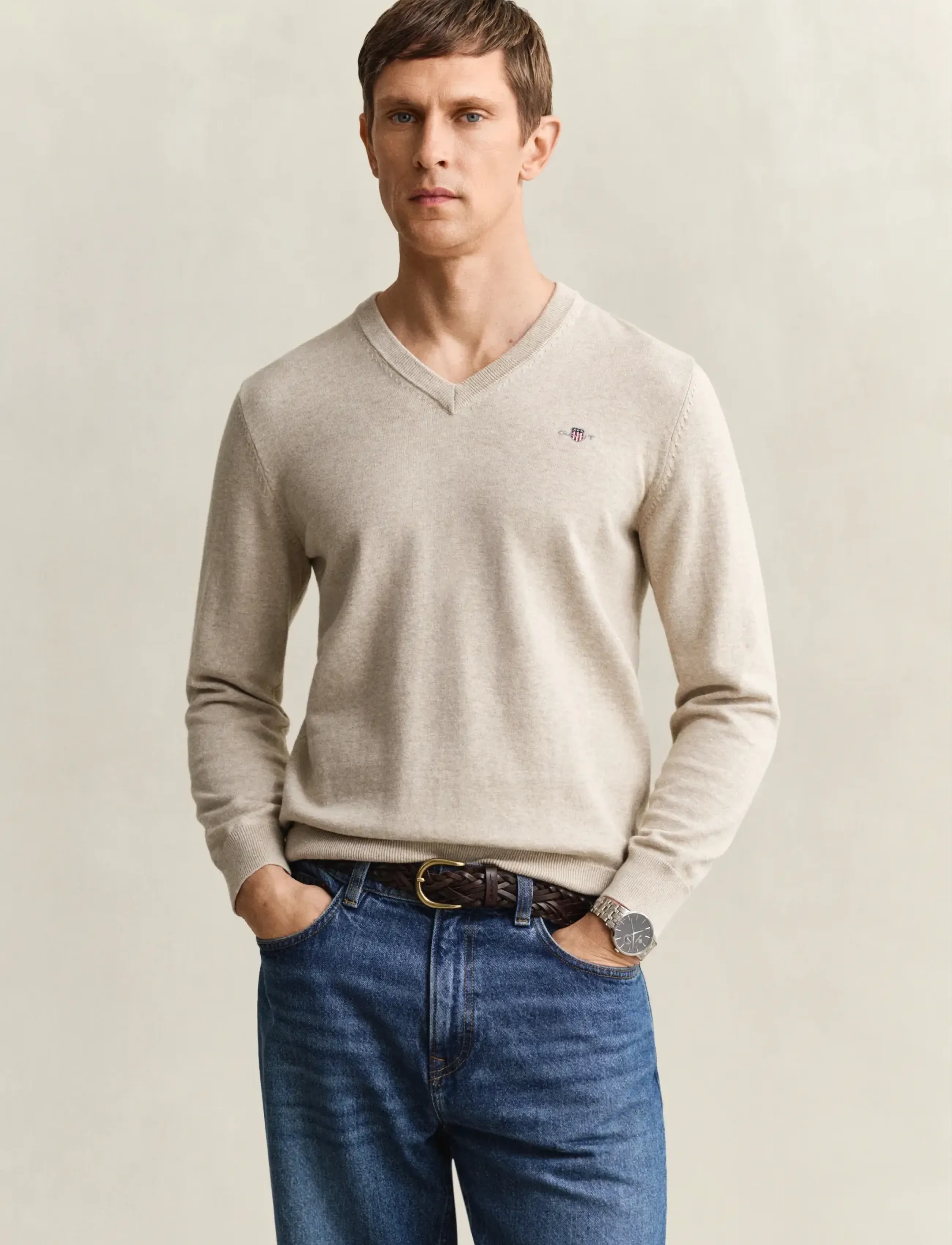 Gant Classic Cotton V-Neck, S, Knitwear, Beige - V-necks, Männerswear