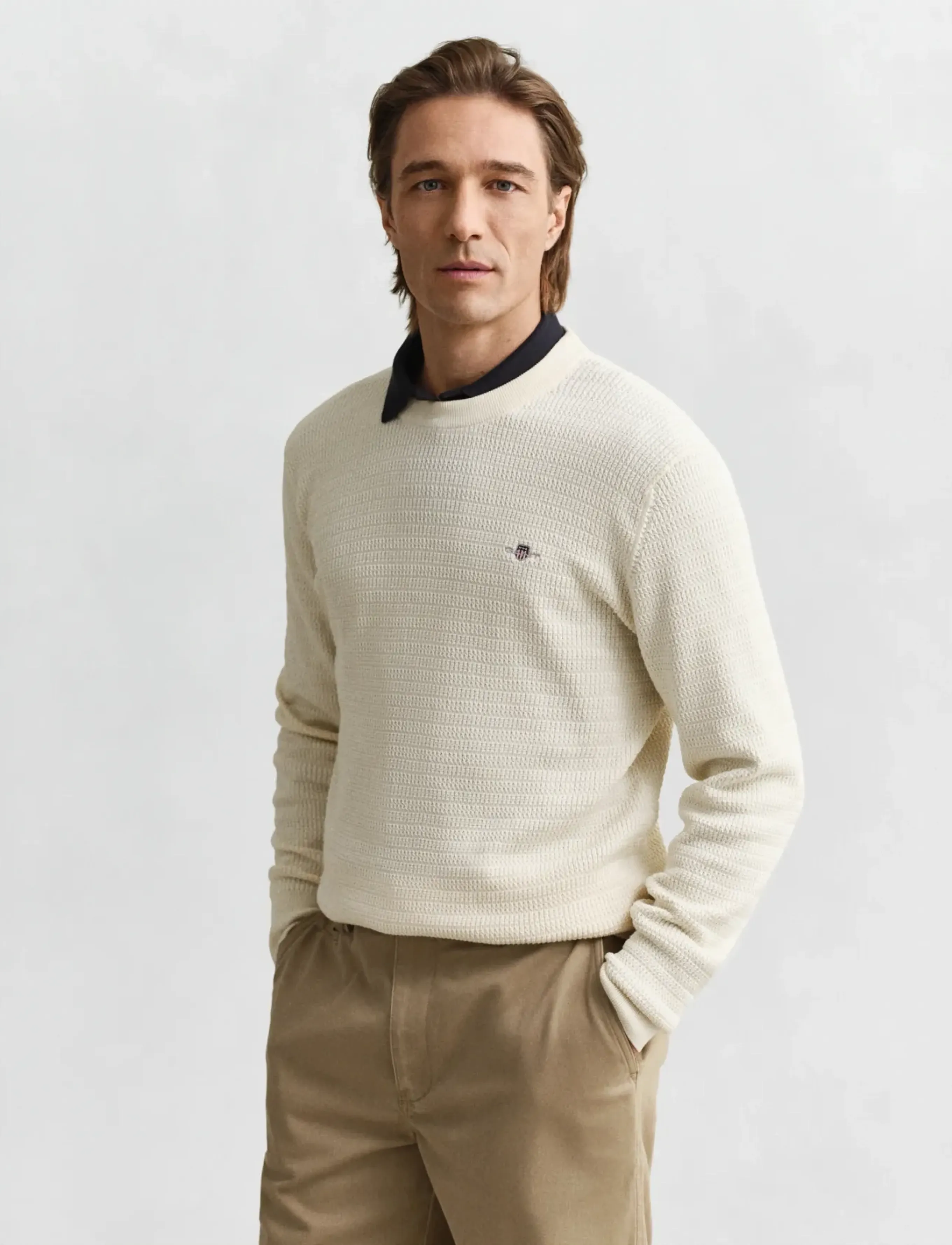 Gant Mini Cable C-Neck, L, Cream, Strik > Runde Halse, Herre